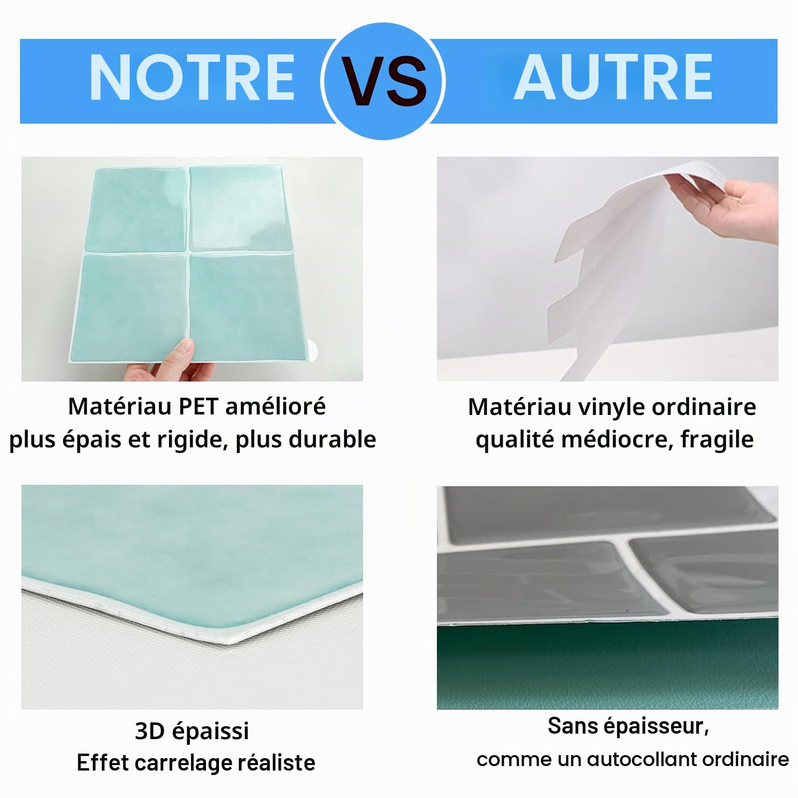 Lot de 10 feuilles de carrelage mural 3D à décoller et à coller pour cuisine et salle de bain 22,9 x 22,9 cm