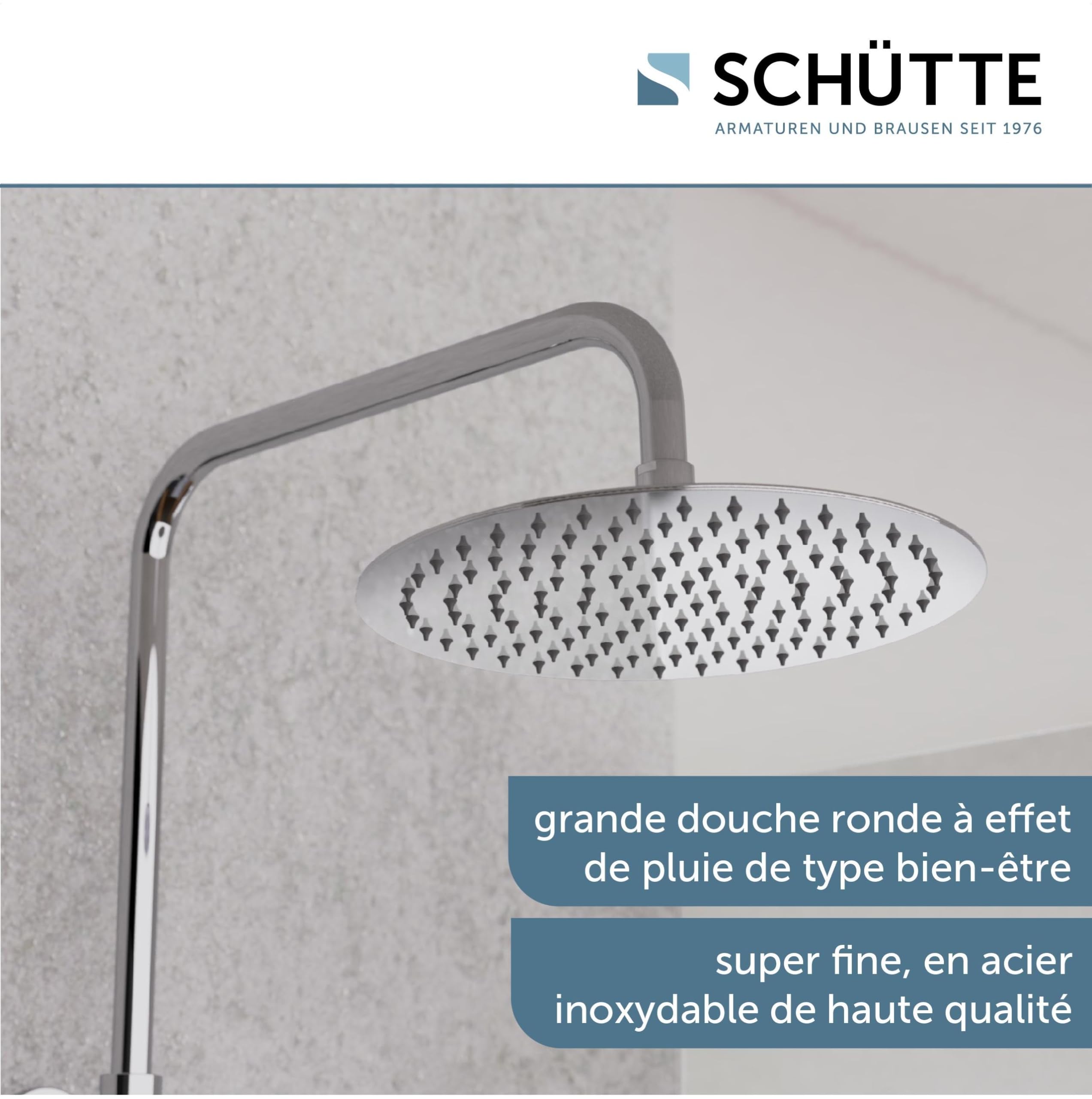SCHÜTTE Aquaduct 60044 Système de douche avec thermostat, grande douche à effet pluie (Ø 25 cm) et douchette réglable, ensemble de douche avec barre de douche, douche avec robinetterie, colonne de