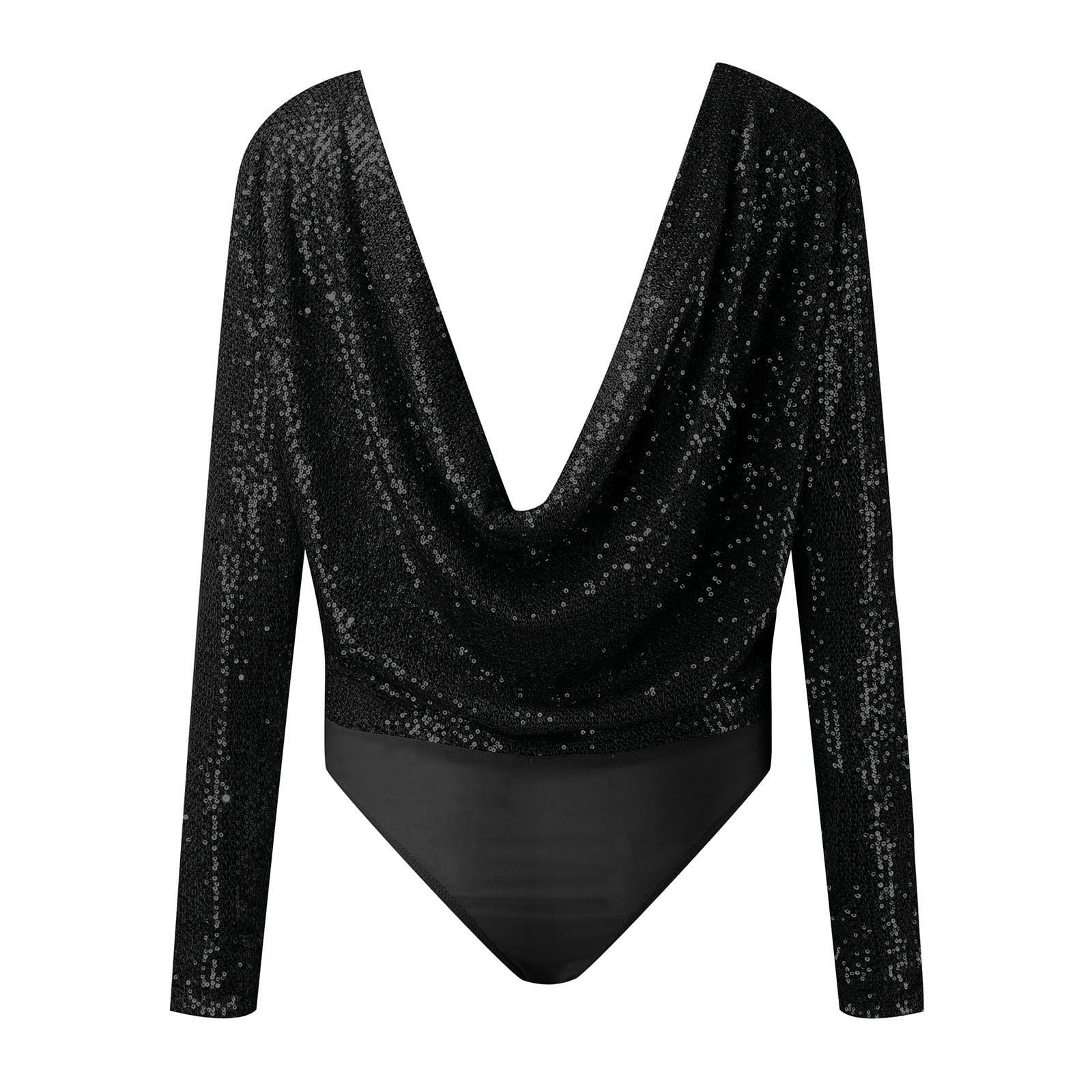 Body da donna elegante con brillantini, a maniche lunghe, scollo rotondo, in tinta unita, per feste e festival, abbigliamento sexy
