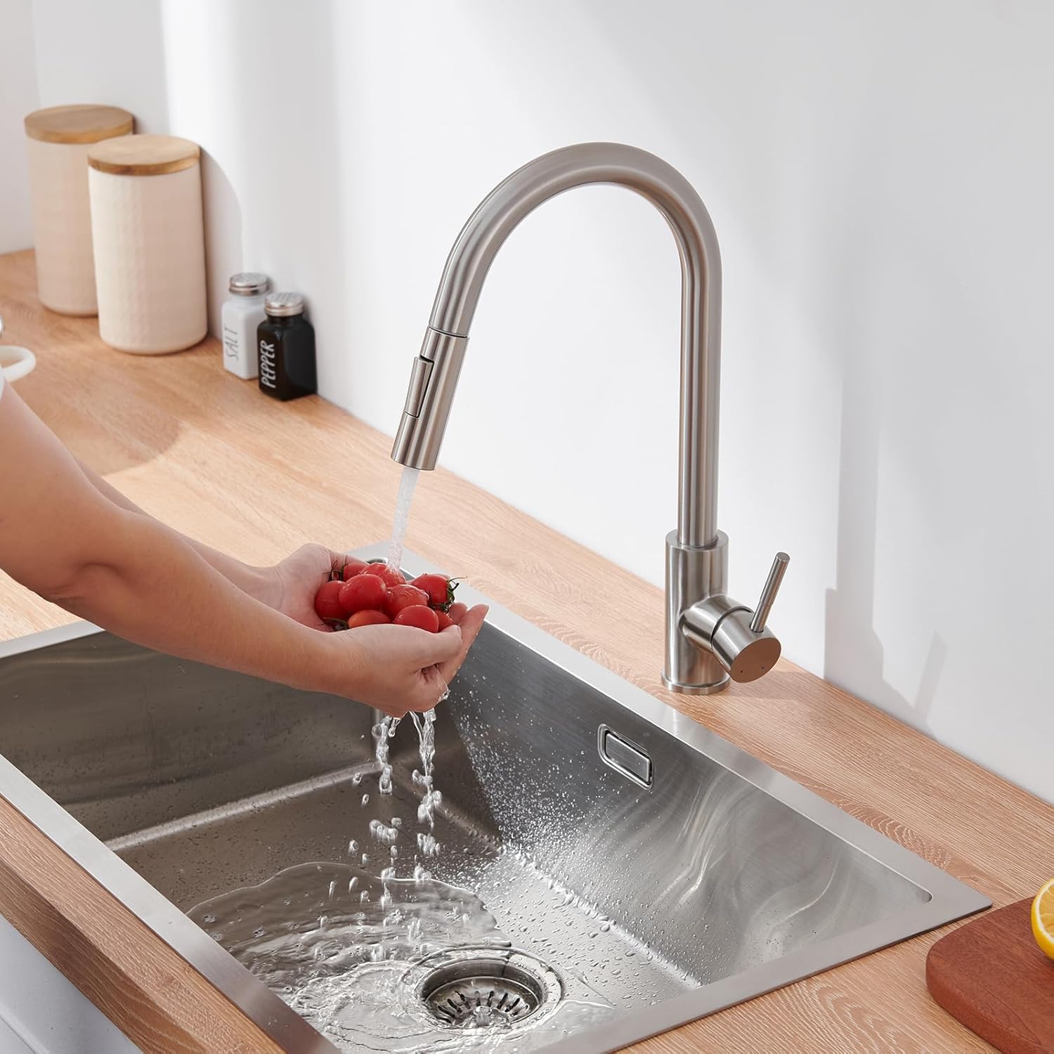 Lonheo Grifo Cocina Extraible, Grifos Cocina Fregadero con 2 Modos de Flujo de Agua, Grifo de Cocina Alto con Caño Giratorio a 360°, Torneira Cozinha Monomando de acero inoxidable