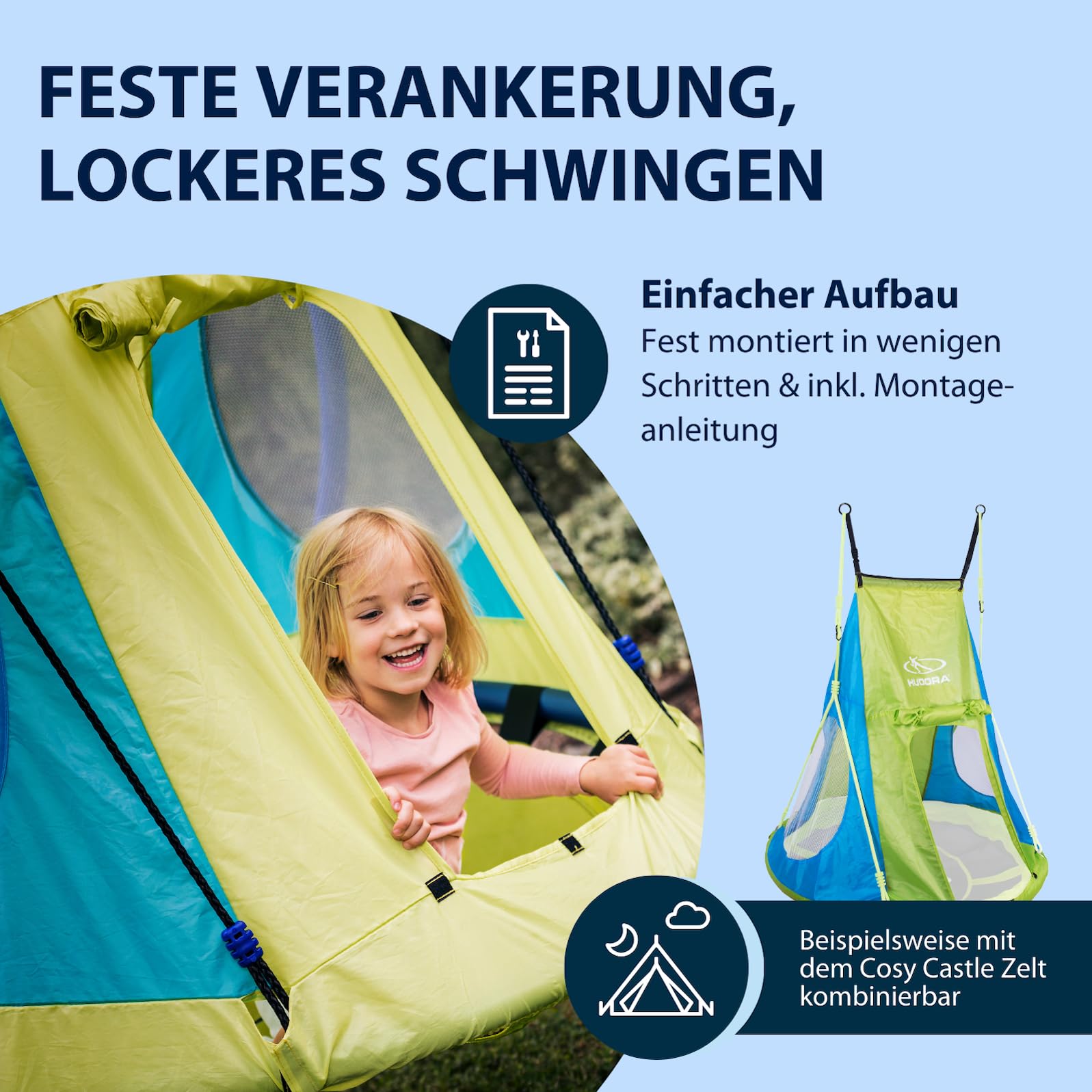 HUDORA Nestschaukel Alu 120 - Hochwertige Indoor & Outdoor Korbschaukel - Hängeschaukel mit 120 cm Durchmesser - Höhenverstellbare Schaukel für Kinder & Erwachsene bis zu 120kg, blau/gelb