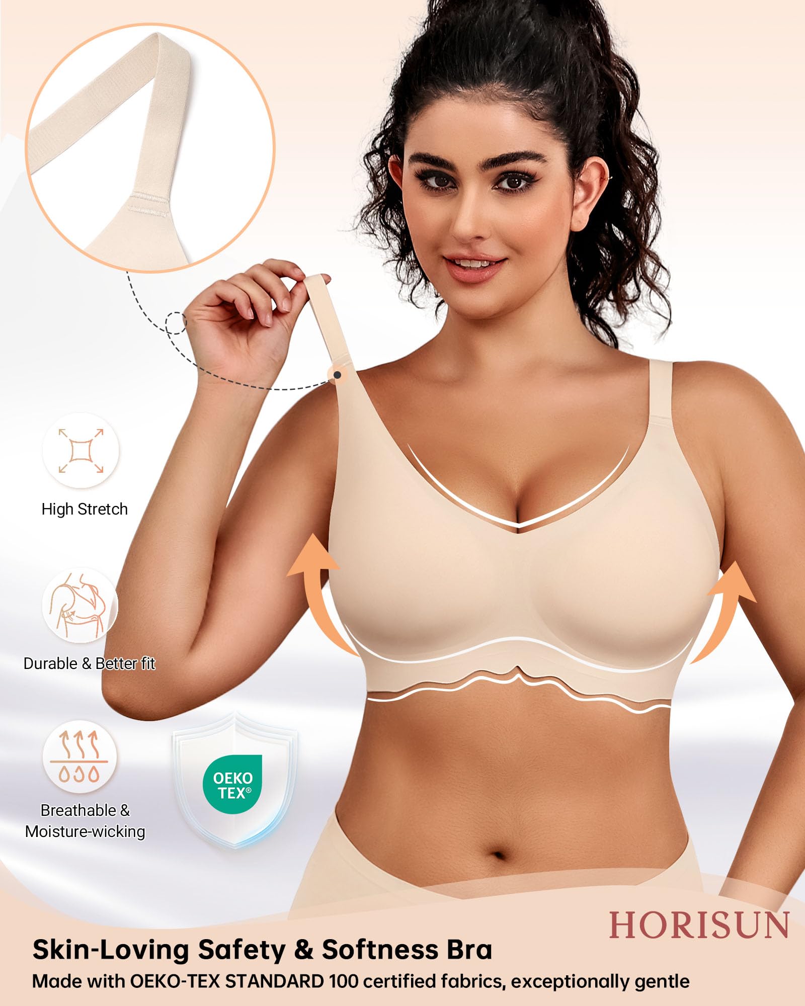 HORISUN Bügelloser BH Damen, Nahtlos 3D Jelly Strip, Push up mit starker Halt, Anti-Achselbeulen, Ideal für Schlaf, Yoga & Alltag