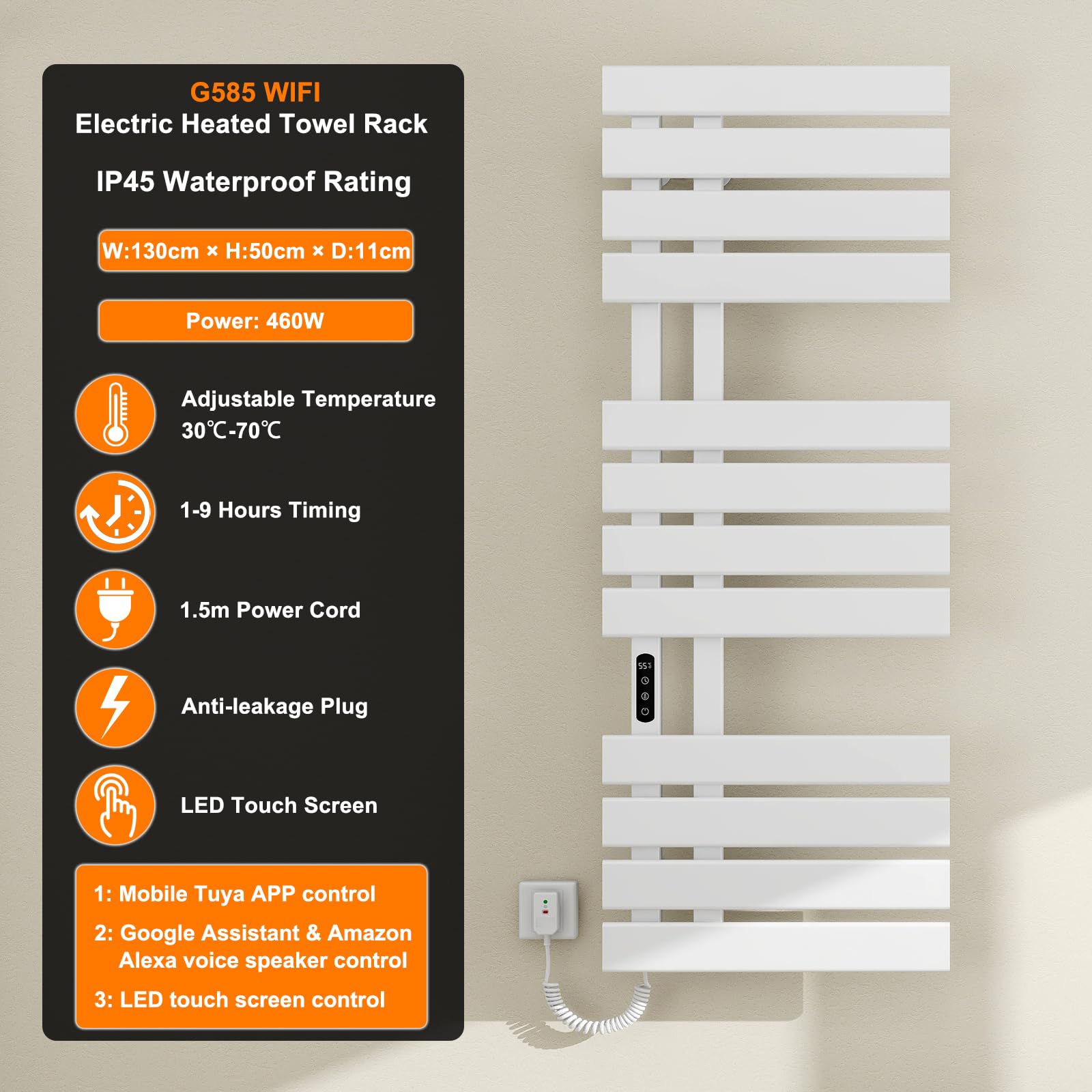 Toallero Baño Radiador, Toallero Electrico Baño Blanco WiFi, 500×1300mm, 460W, Calentador de Toallas WiFi, para Alexa y Google Home y App, Radiador Toallero Electrico, Ahorro energía-WiFi White Left