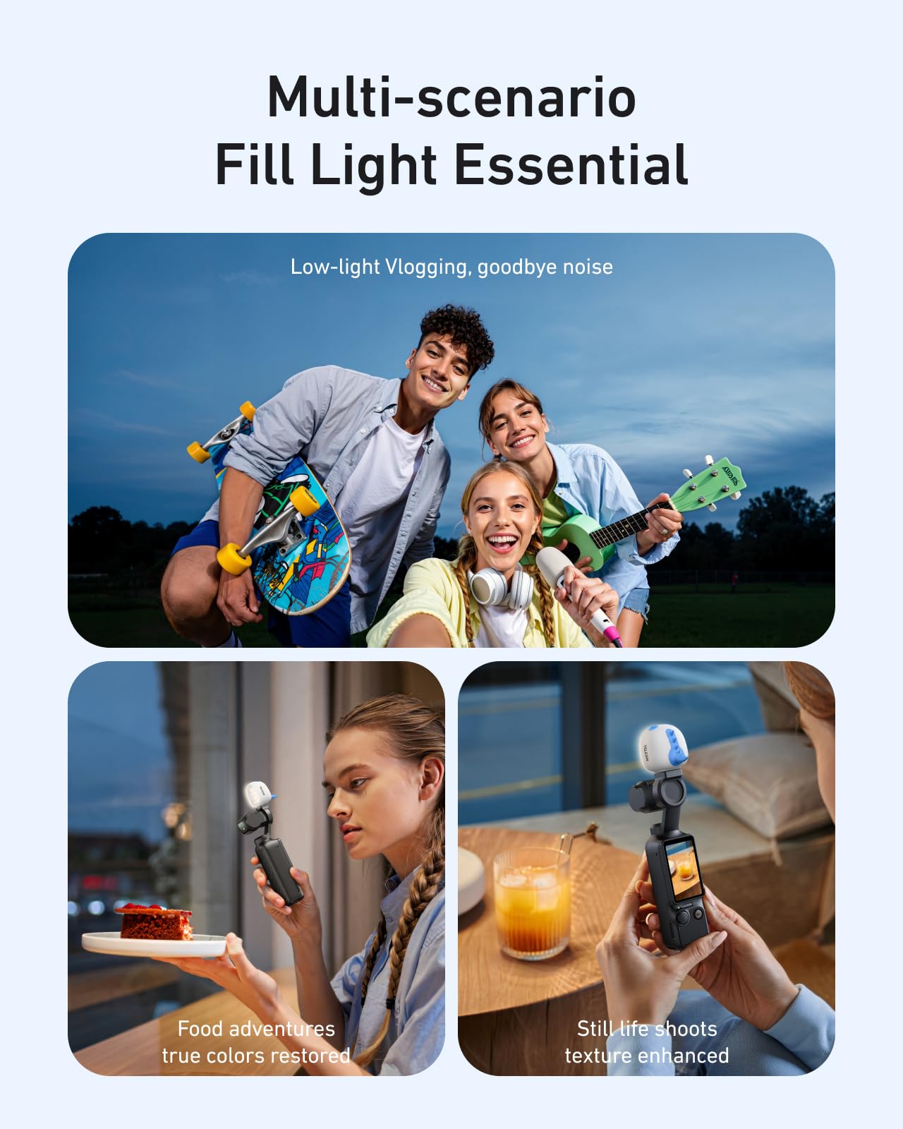 TELESIN 3er-Pack Mini-Monster-Magnet-Fülllicht-Set für DJI Osmo Pocket 4 3, 12 Stunden Akkulaufzeit und 3-stufig einstellbare Helligkeit, LED-Licht mit Fülllichthalterung für Vlogging und Reisen