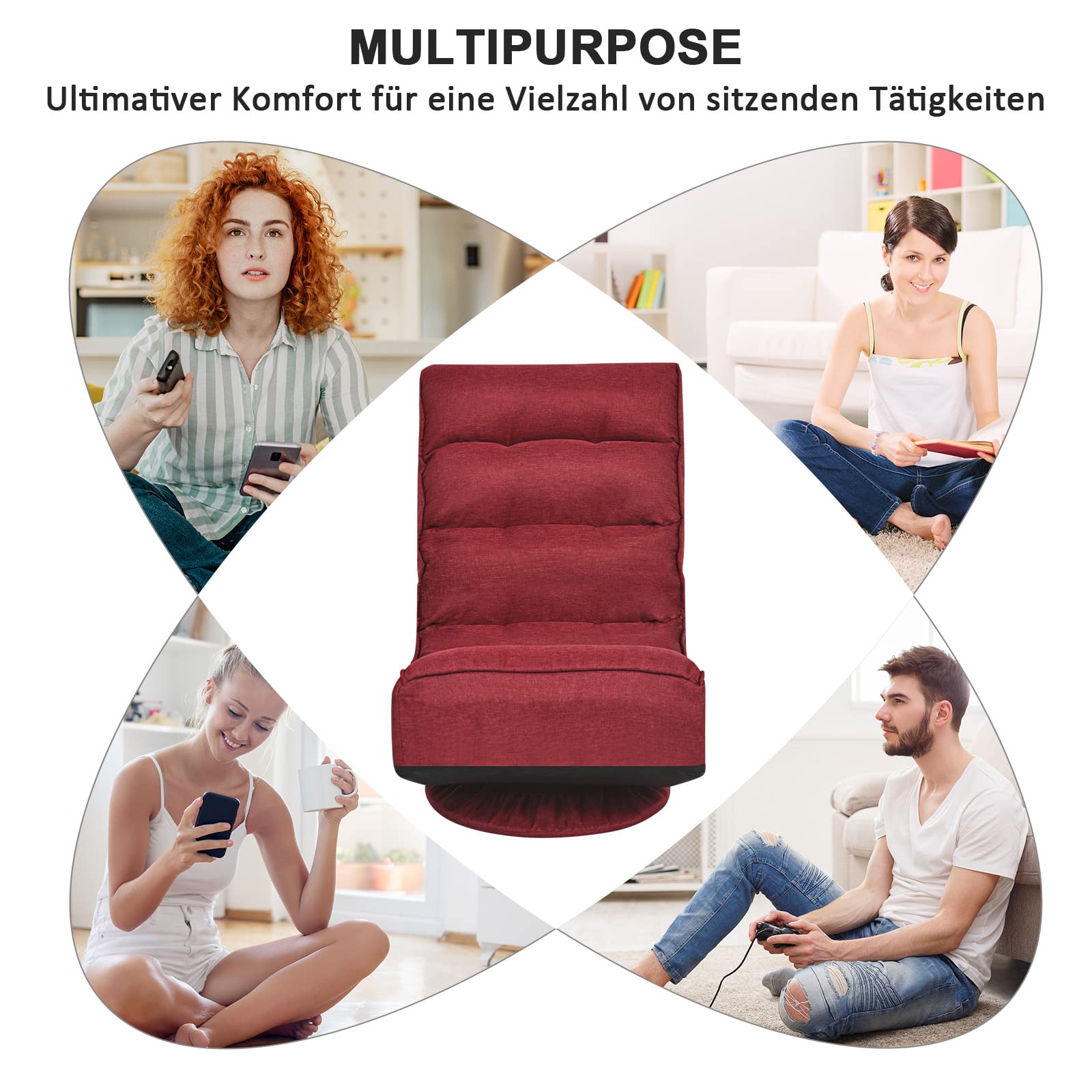 GOPLUS 360° drehbarer Bodenstuhl, klappbarer Bodensessel mit Verstellbarer Rückenlehne, Gamingsessel, Bodensofa, Meditationsstuhl, bis 120kg belastbar, für Zuhause & Büro (Rot)