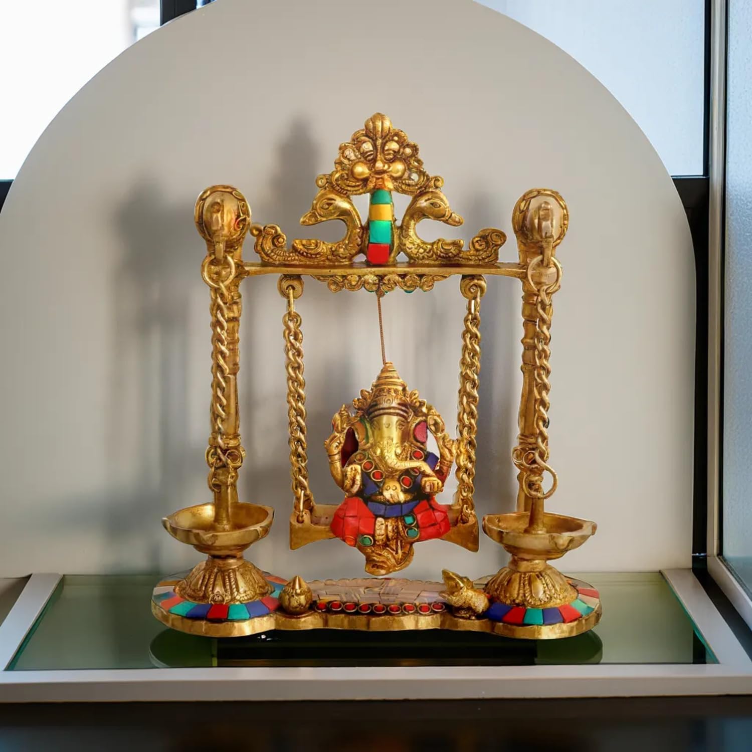 Kartique Brass Ganesh Bhagwan Jhula with Two Diyas Ganesha Idol Swing Ganpati Bappa Jhoola Murti for Home House Warming Mandir Office Decor Couple Gift Multicolored Stone Work - Image 2 thumbnail