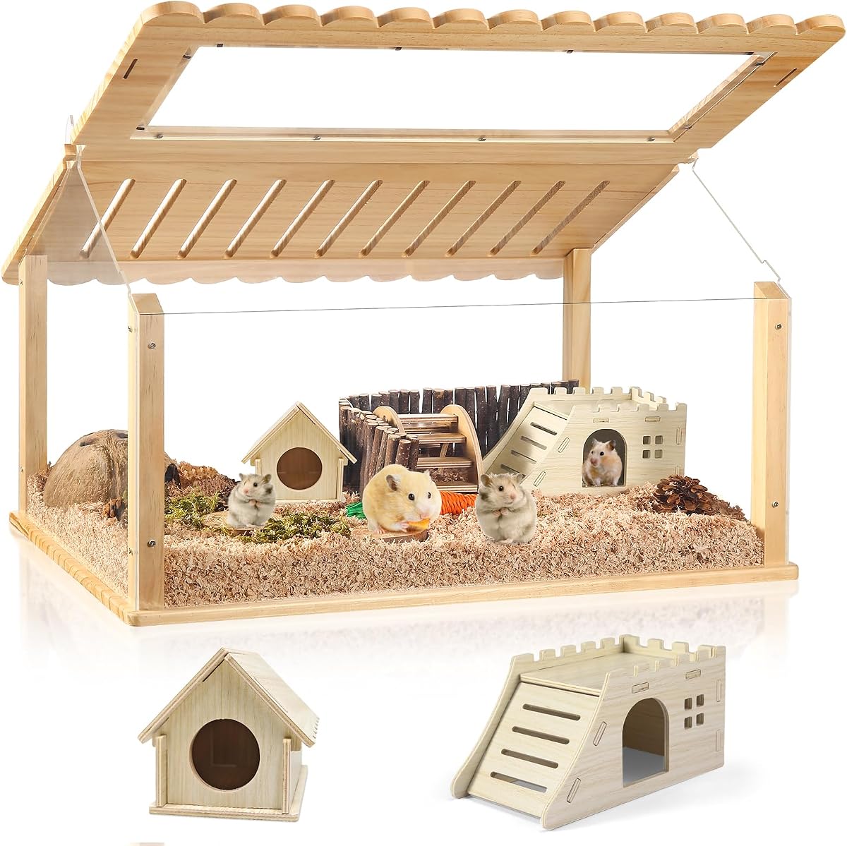 24" Acrylic Hamster Cage with 2 Hideouts, Large Habitat | Clear acrylic panels with pine wood frame offer durable, easy-clean space with 2 hideouts for hamsters and small pets.