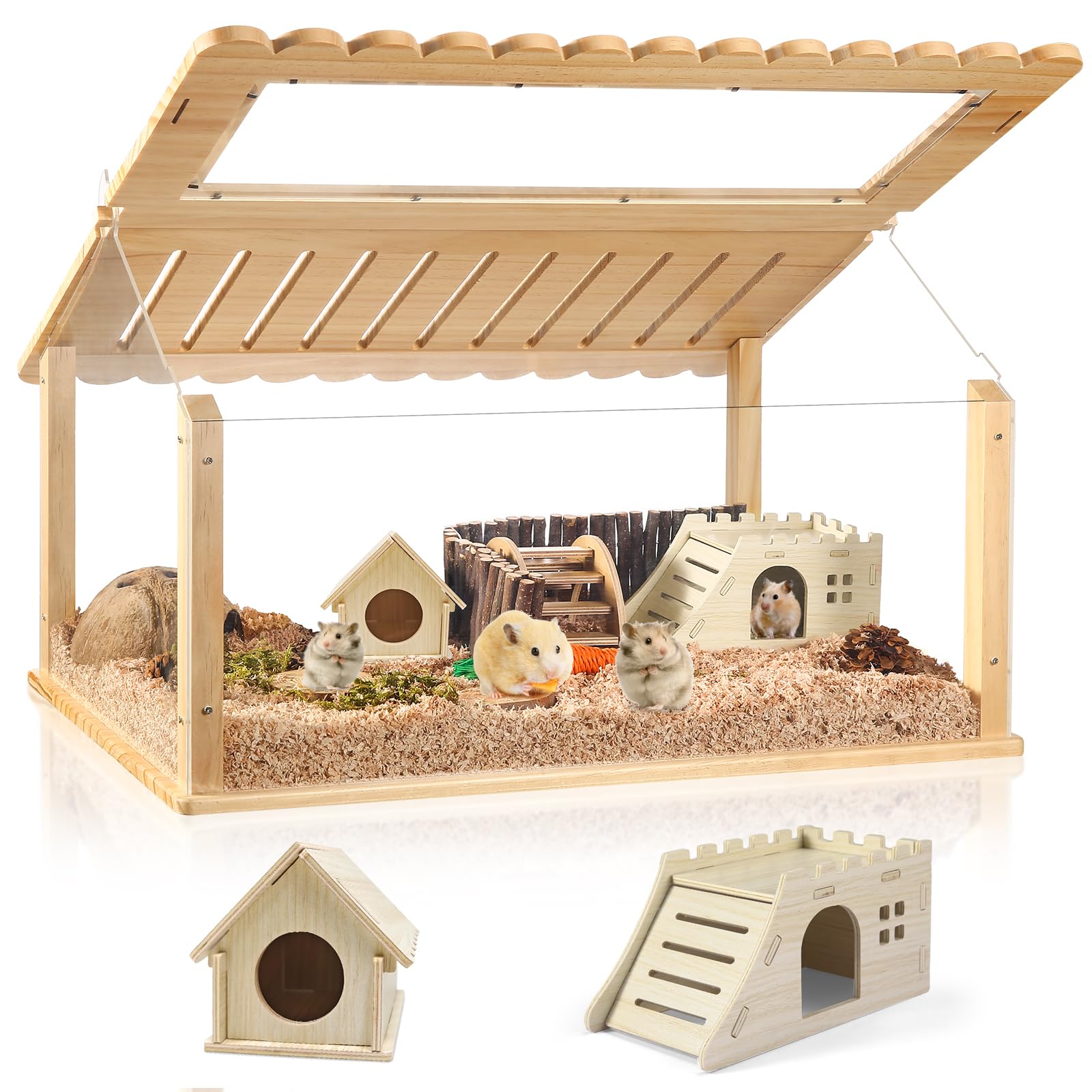 Essenhome 24 inch Acrylic Hamster Cage with 2 Small Hamster House - Long-Lasting, Easy Clean Guinea Pig Cages, Clear View Design for Active Small Pets