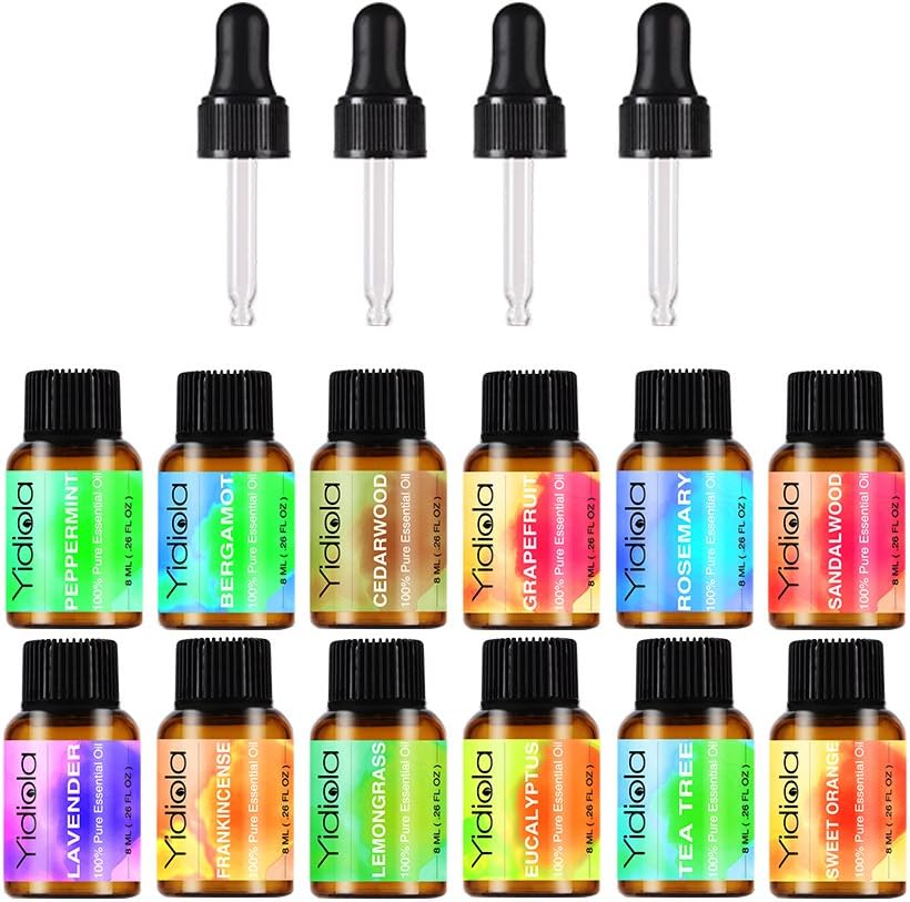 YIDIOLA Top 12 Therapeutic Grade Essential Oils Set w/4 Glass Droppers - Lavender,Eucalyptus,Peppermint,Frankincense,Tea Tree,Rosemary,Sweet Orange,Grapefruit,Sandalwood,Lemongrass,Cedarwood,Bergamot