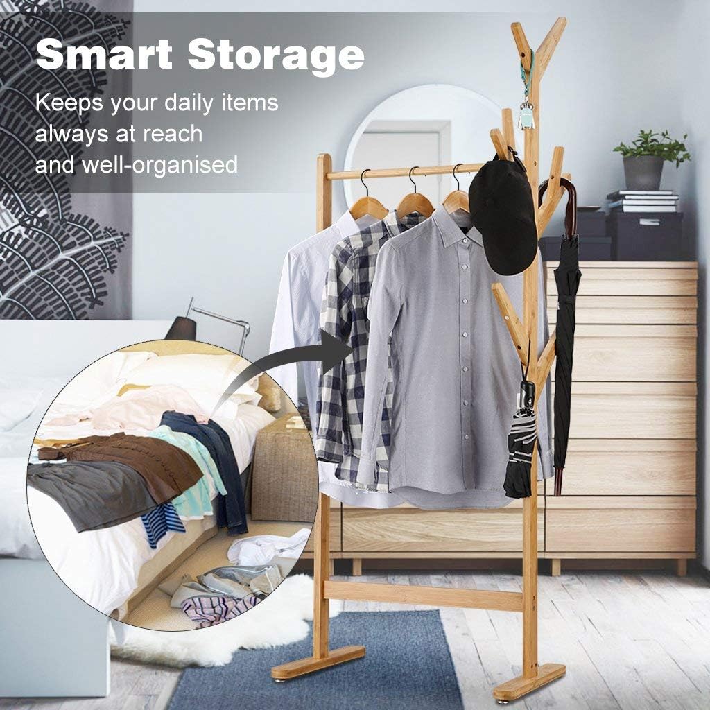 LANGRIA Single Rail Bamboo Garment Rack with 8 Side Hook Tree Stand Coat Hanger and Four Stable Leveling Feet for Jacket, Umbrella, Clothes, Hats, Scarf, and Handbags (Natural Wood Finish)