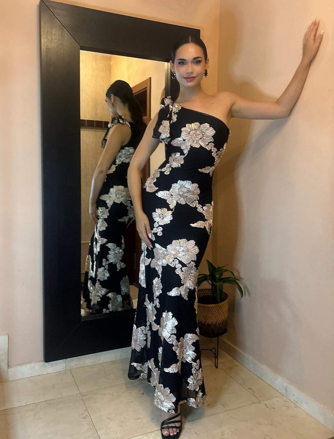 GUKARLEED Women’s One Shoulder Prom Dresses Bodycon Chiffon Floral Bridesmaid Dress Lace Appliques Formal Wedding Guest Dress