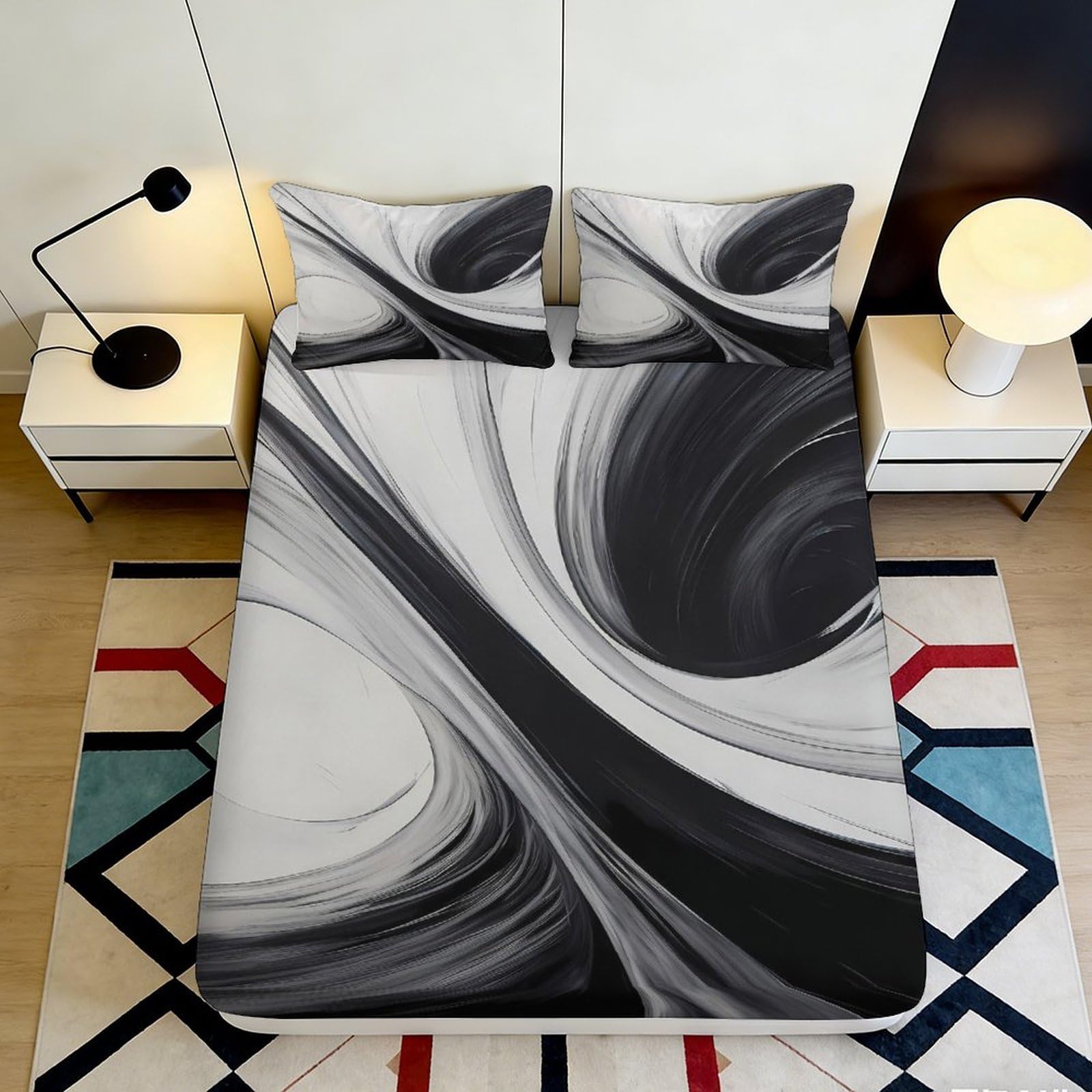 Dhbaneiok Style-8 3D Printed Abstract Black Swirl Fitted Sheet Microfiber Soft Bed Cover For Bedroom Guest Room Mattress Decoration 90X200x25cm