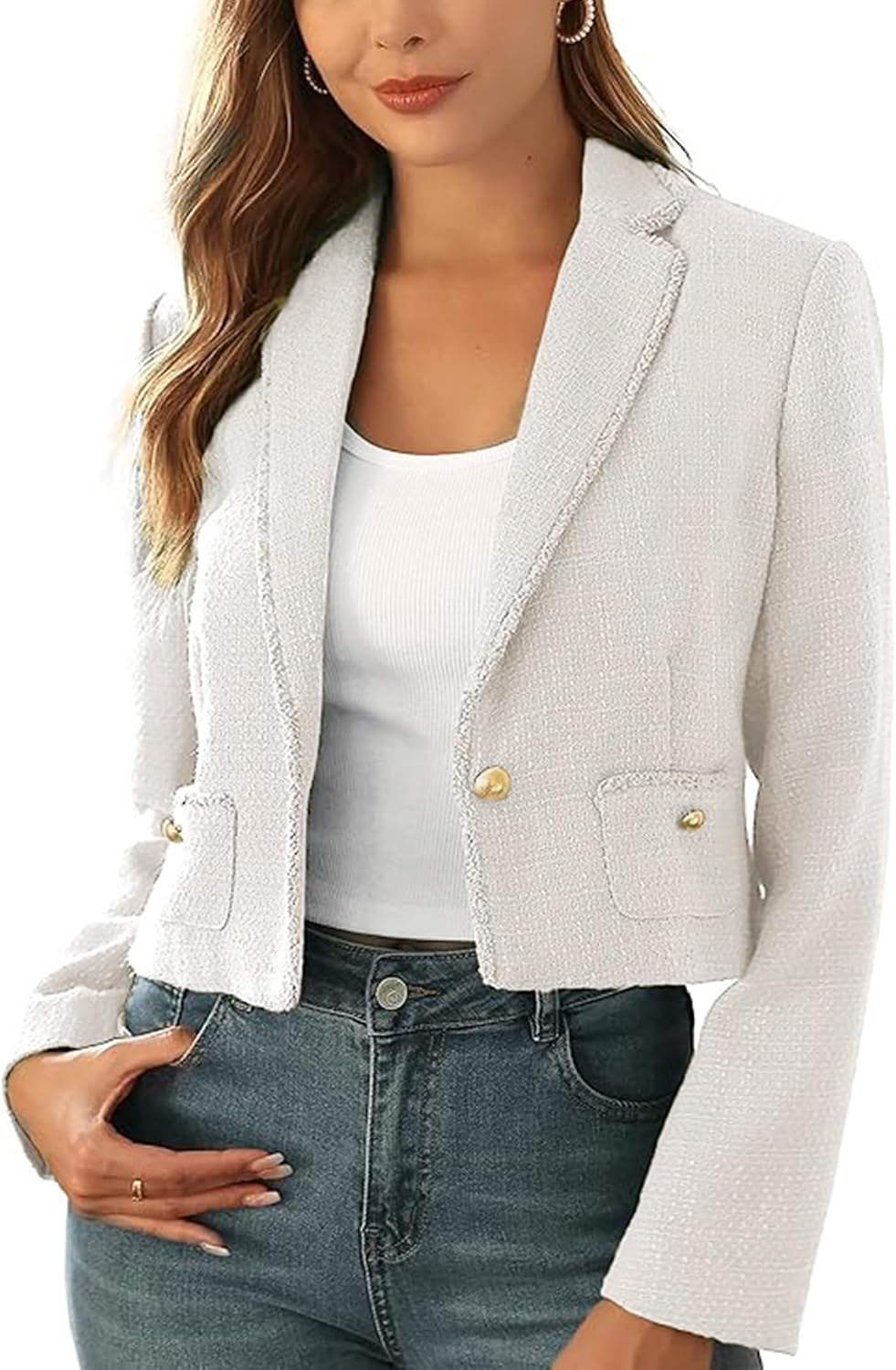 M.Infisavo Women’s Cropped Tweed Jacket Blazer with Pockets Long Sleeve Open Front Notch Lapel Cardigan Elegant for Casual