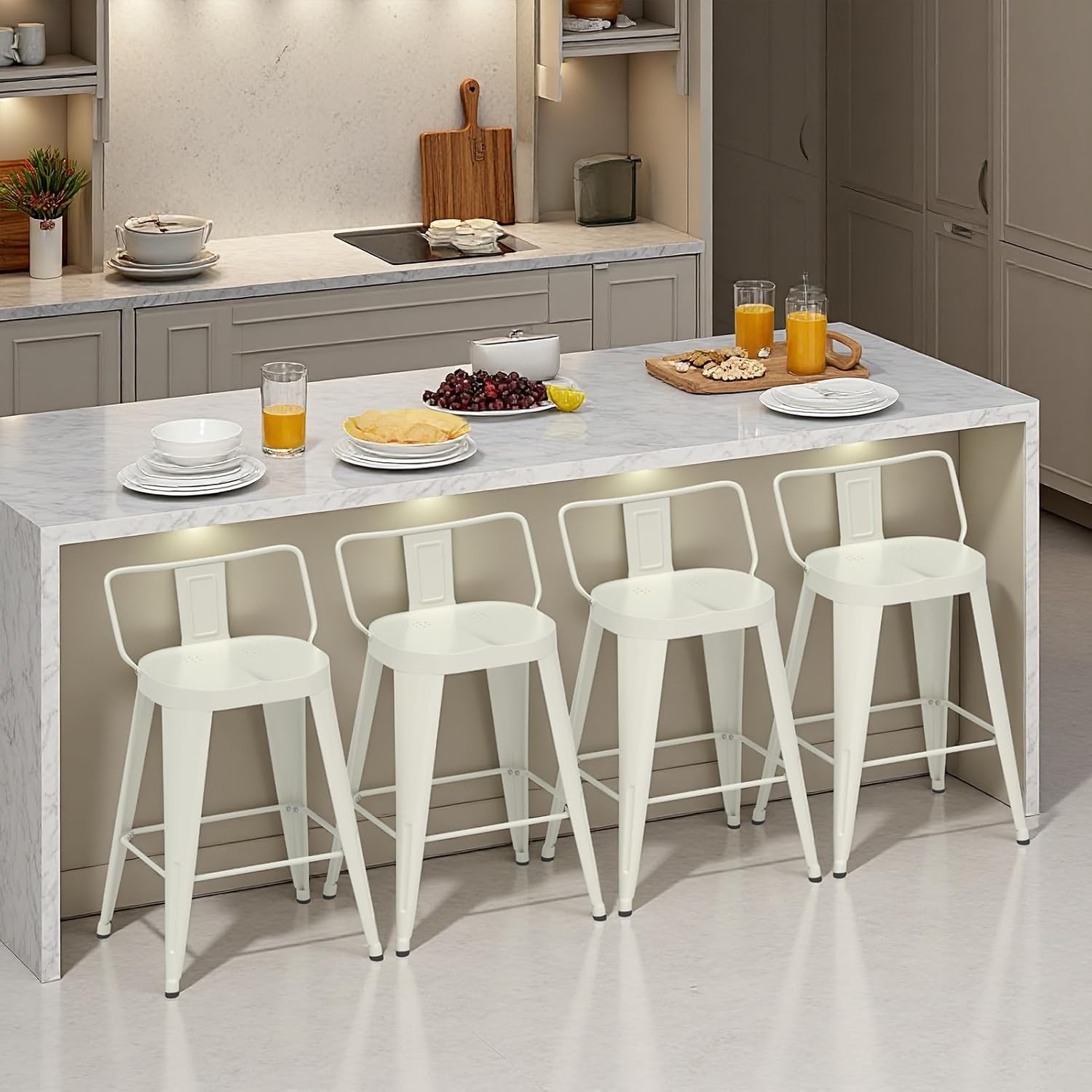 30 inch Metal Bar Stools Set of 4, Industrial Counter Stools with Low Back, Indoor Barstools for Kitchen, Pubs (White)