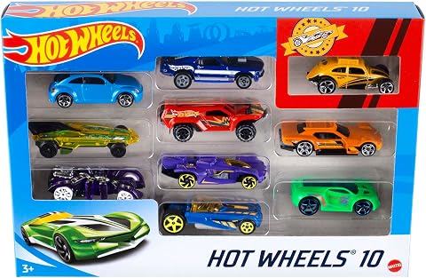 Assorted Hot Wheels die-cast toy cars in a ten-pack.