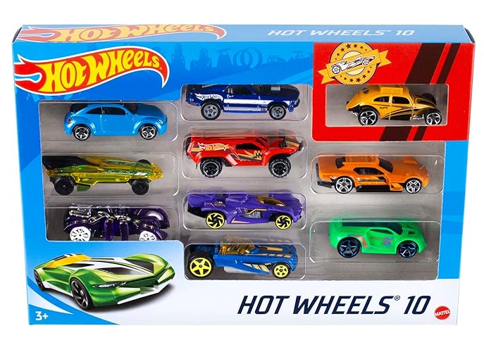 Coches y Camiones de Juguete Hot Wheels 10-Unidades, Set de 10 Vehículos a Escala 1:64, Incluye Coches de Carrera, Semi, Camiones de Rescate o de Construcción (Los Estilos Pueden Variar)