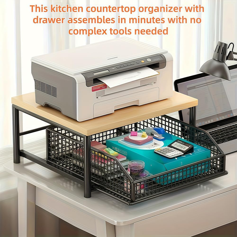 Kitchen Countertop Organizer with Drawer and Wire Basket, 2-Tier Hardwood Shelf, Sliding Drawer for Fruit Storage, Space-Saving Kitchen Pantry Organizer with Counter Shelf (C-Triple Layer)