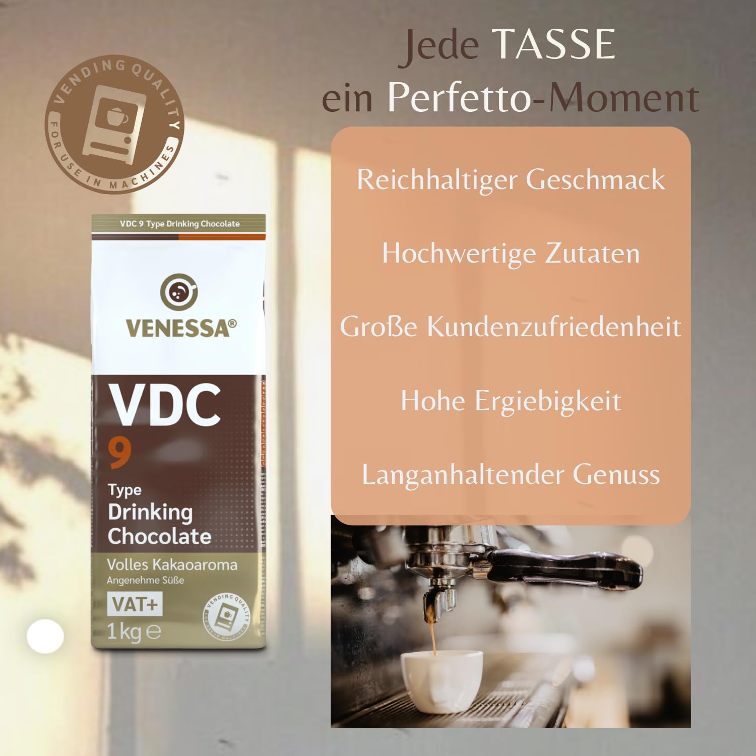 VENESSA VDC9 czekolada do picia 2 x 1 kg – opakowanie próbne – kakao w proszku z 9% kakao premium i zawartością mleka do automatu do gorących napojów – rozpuszczalna, lekko słodka, kremowa