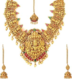 Yellow ChimesJewellery Set for Women Gold Plated Traditional Temple Jewelry Set Antique Necklace Set with Earrings and Maangtikka for Women and Girls