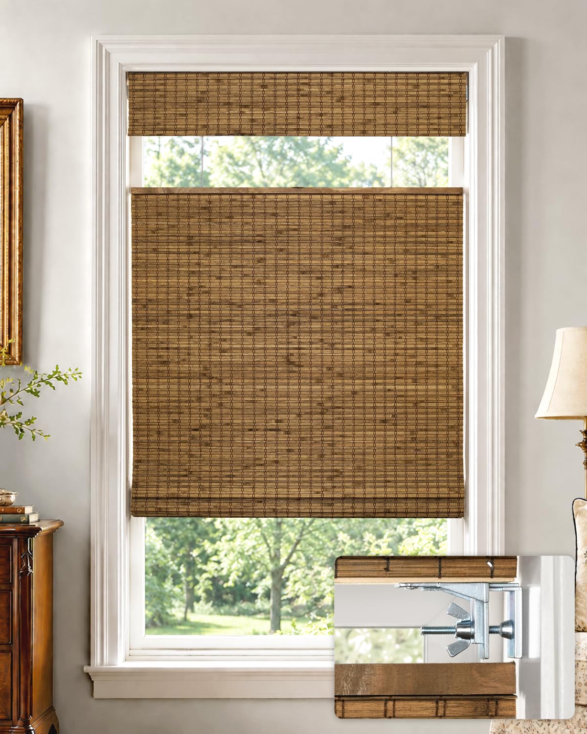 UNISHADES No Drill Cordless Bamboo Roman Shades, 21×64 in, Highfield Teak
