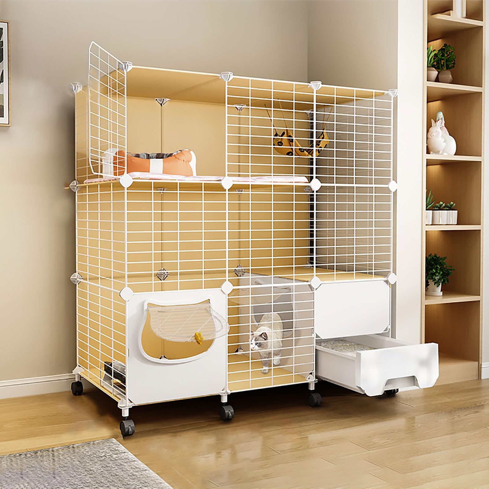 asdchZen Cat Cage With Litter Box,Indoor Diy Cat Playpen Semi-Enclosed Kitten Cage Cat House With Wheel Detachable Metal Wire S Crate,Large Exercise Place,109X39X112Cm