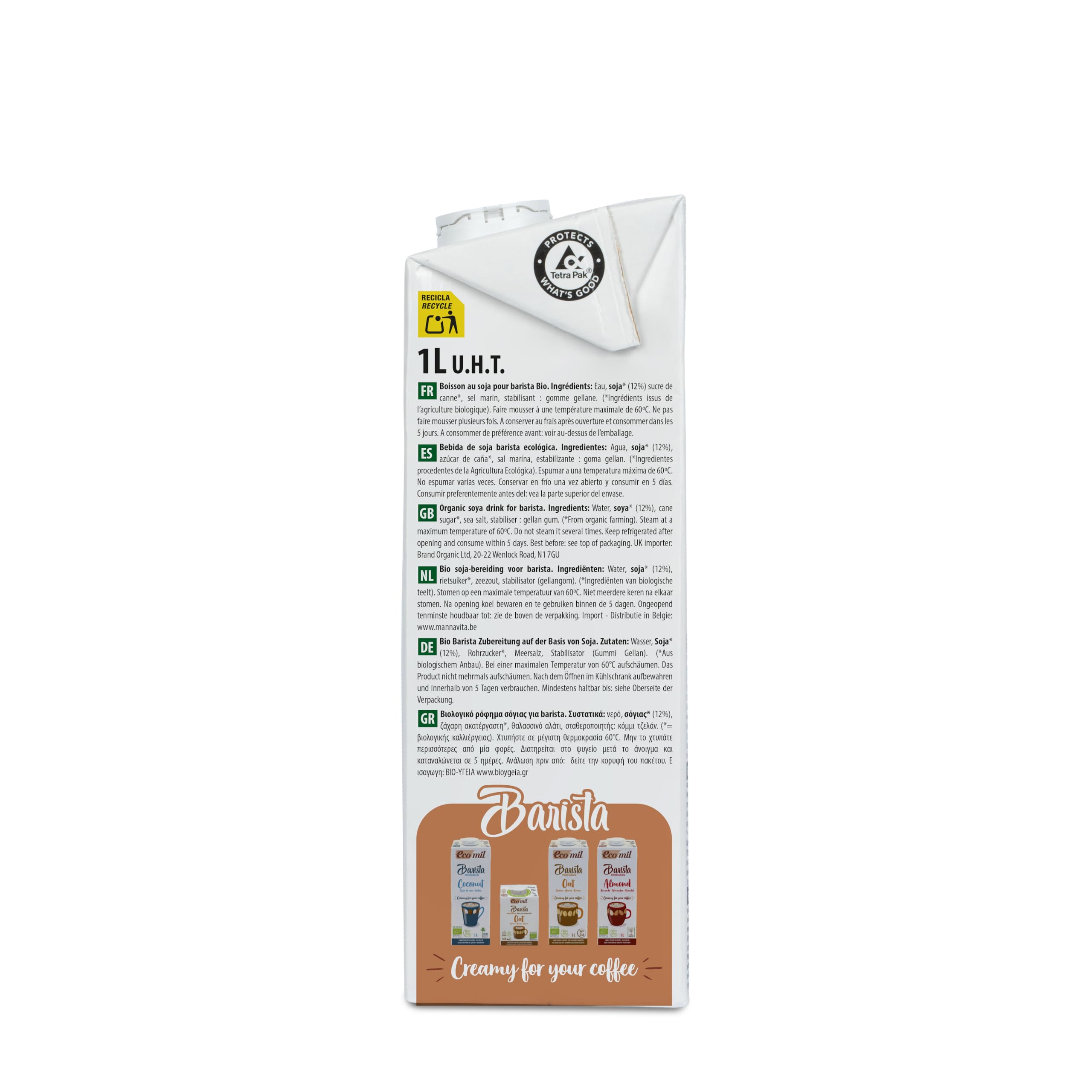 Ecomil - Bebida Vegetal de Soja Barista Bio, Pack 6 x 1 L, Sin Lactosa, Ecológica, Vegana, Bajo en Azúcares, Espuma Perfecta, Sabrosa, Ideal para Cafés