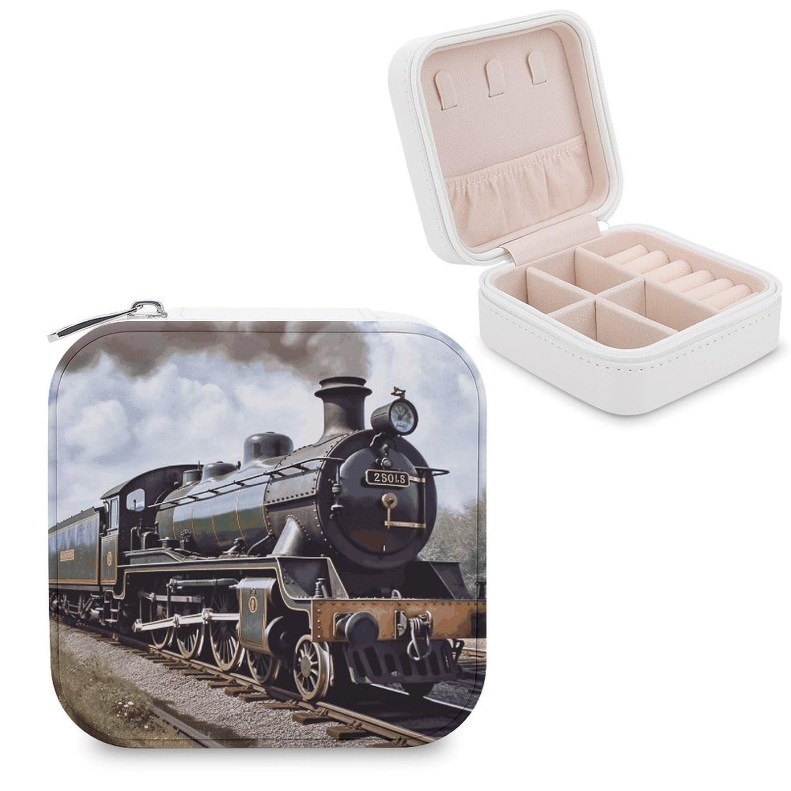 FekiLoot Steam Locomotive Train Jewelry Box Custom Jewelry Travel Case Pu Leather Trinket Organizer Box to Organize Ring Pendant Earring Small Portable Jewelry Storage Holder for Women