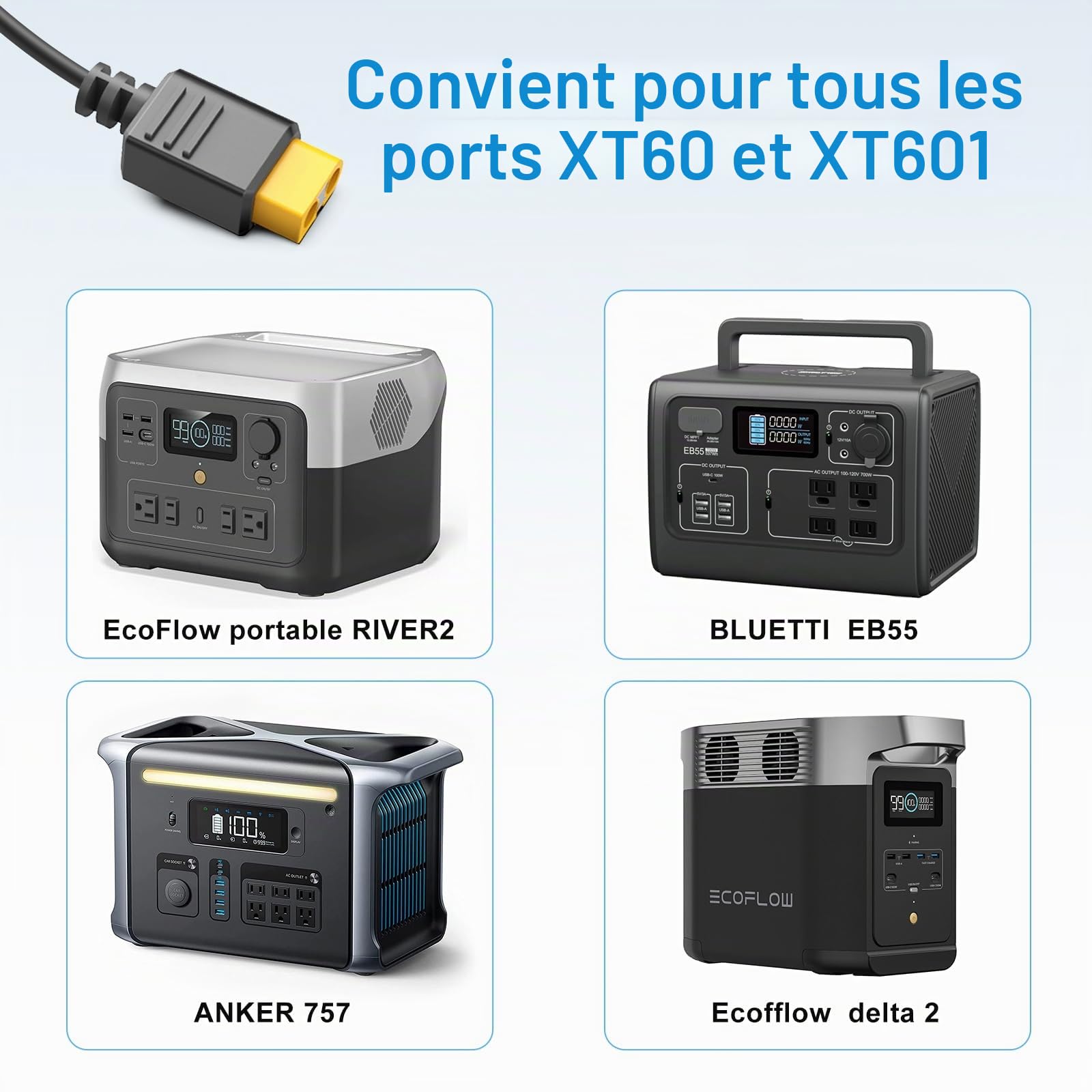 KFD ALLPOWERS S2000 Pro Câble de charge solaire vers XT60 Chargeur pour EF Ecoflow River Delta Delta Bluetti EB55 Anker 757/767 160W 220W 400W rallonge station d'alimentation portable et générateur