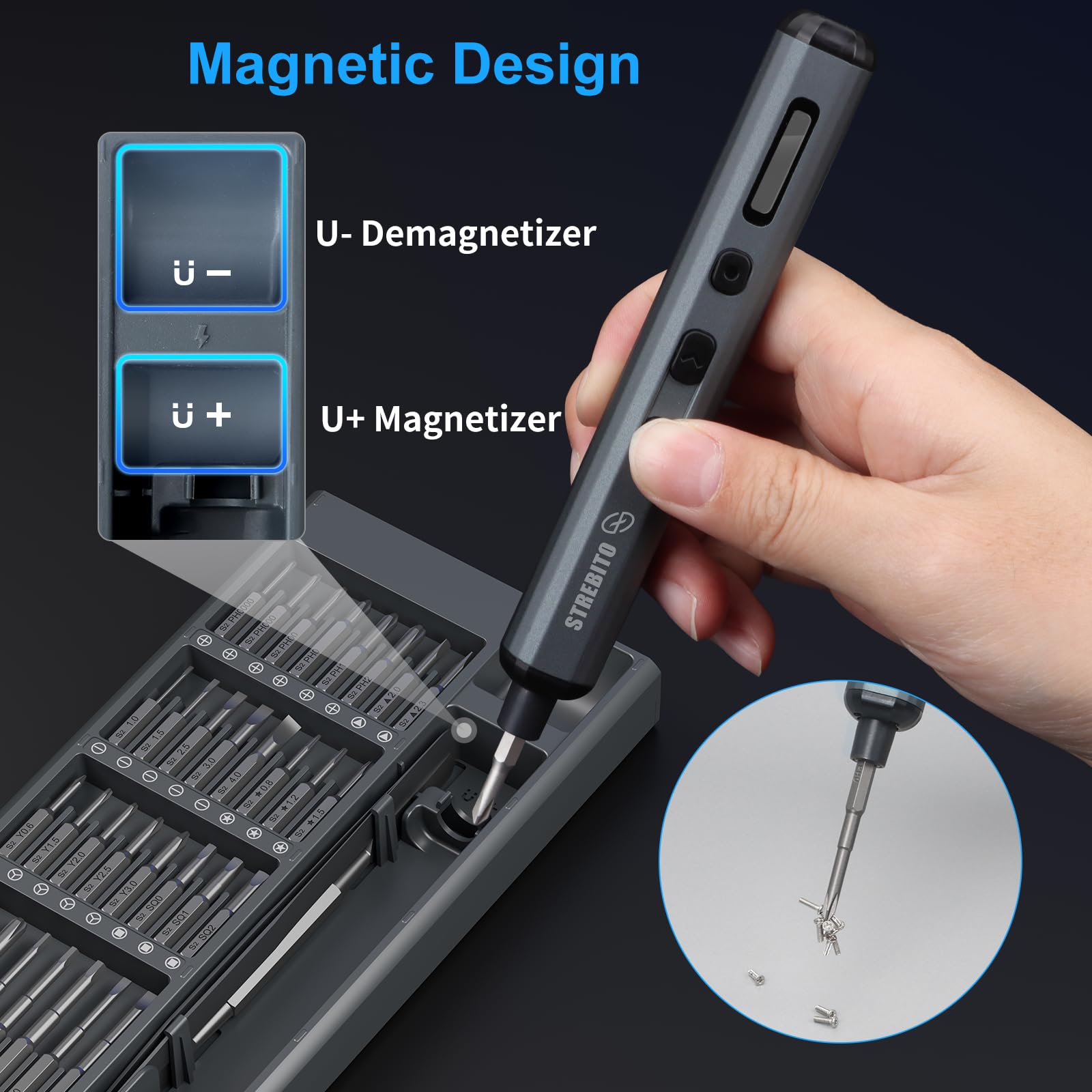 STREBITO Präzisions-elektrischer Schraubendreherset,70-Teiliges Set electric screwdriver,5 Drehmomentstufen digitale anzeige, 64 Magnetische Bits, Mini-Elektroschraubendreher für PC, RC-Elektronik