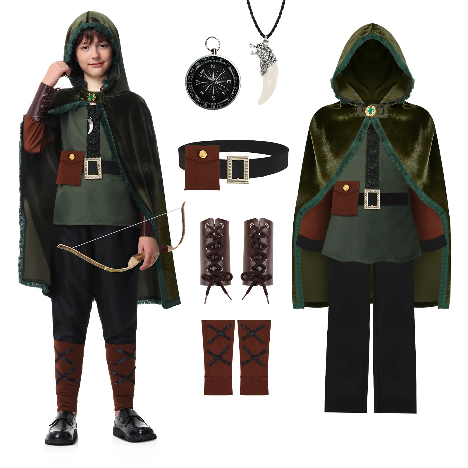 Charmofun Robin Hood Kostüm Kinder, Bogenschütze Mittelalter Outfit für Jungen mit Umhang, Hemd, Hose, Leder-Armschützer, Beinschützer, Halskette und Kompass, Karneval Rollenspiel 4-12 Jahre