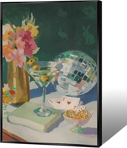 Lienzo de cóctel retro de los años 70 con bola de discoteca y Martini, arte de pared, ramo colorido de comida, té de tarde, póquer divertido,