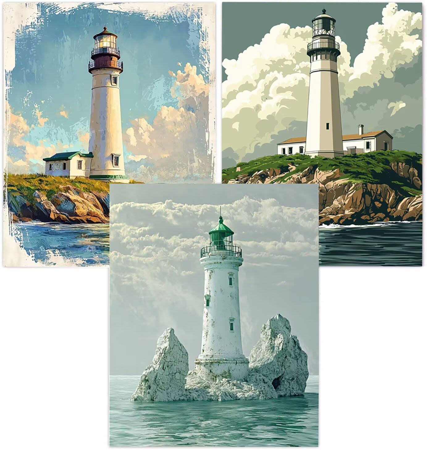 Generico Cnyaunfi 3 Pezzi Oceano Pittura Diamante Fai-Da-Te, 5D Bianco Diamond Painting Kit Completo per Hobby Creativi Adulti, Per La Decorazione Della Parete Di Casa 50x70cm YF-3326