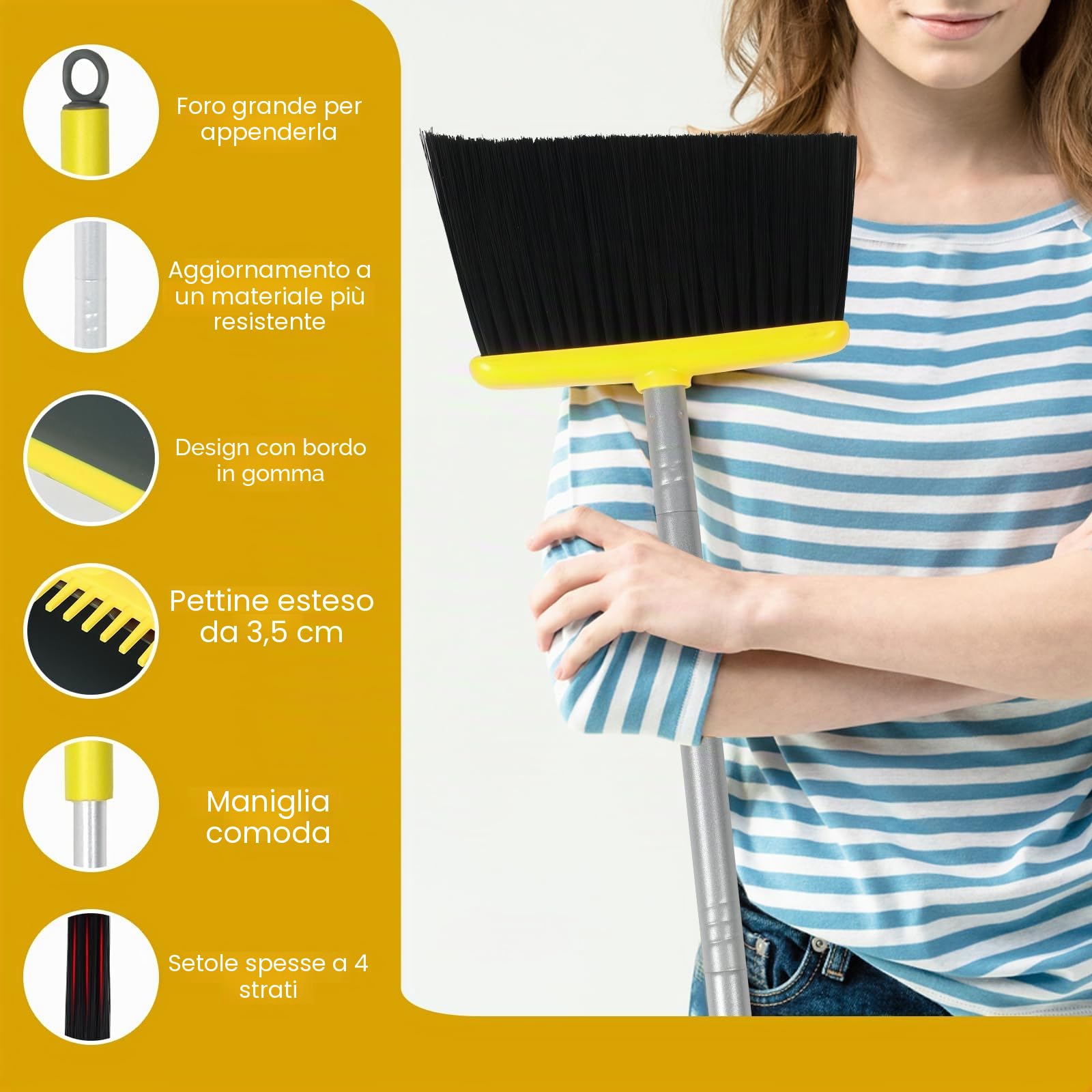 Set di scopa e paletta con manico lungo 137 cm, perfetto set di paletta e spazzola per una pulizia efficiente della casa (giallo e grigio)