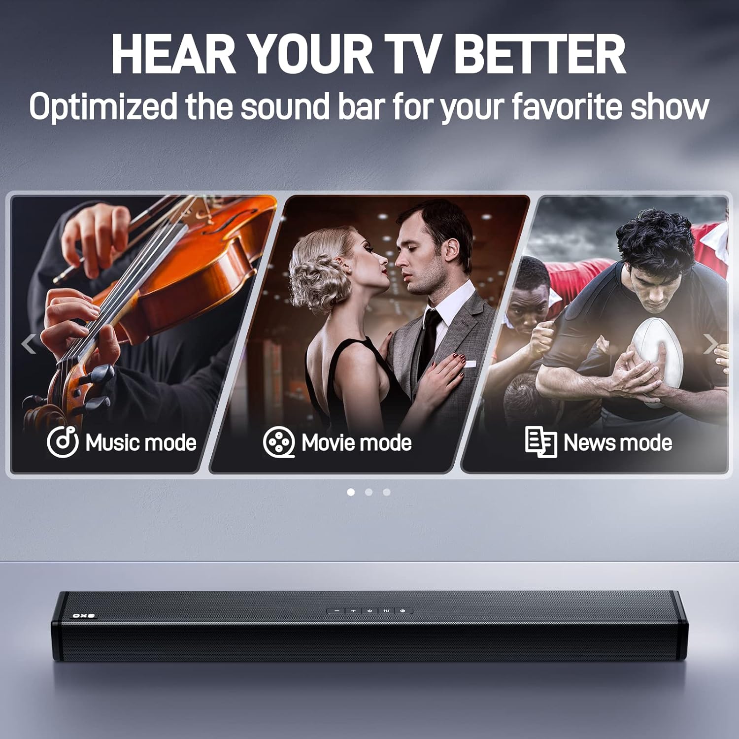 OXS Soundbar S3 displaying three sound modes: Music, Movie, and News, optimized for different content.