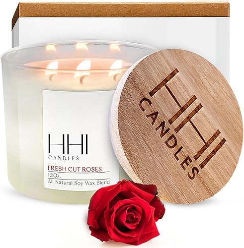 Vela de soja perfumada totalmente natural, rosas recién cortadas, te transporta a un jardín de rosas, vela grande de 12 onzas de tres mechas, largo