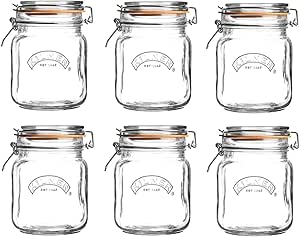 6 x Kilner Clip Top Glass Storage Jar - Square 1 Litre