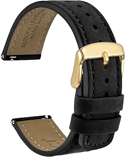 WOCCI 20mm Retro Leather Watch Band for Men and Women, Quick Release Replacement Strap with Golden Buckle (Black)