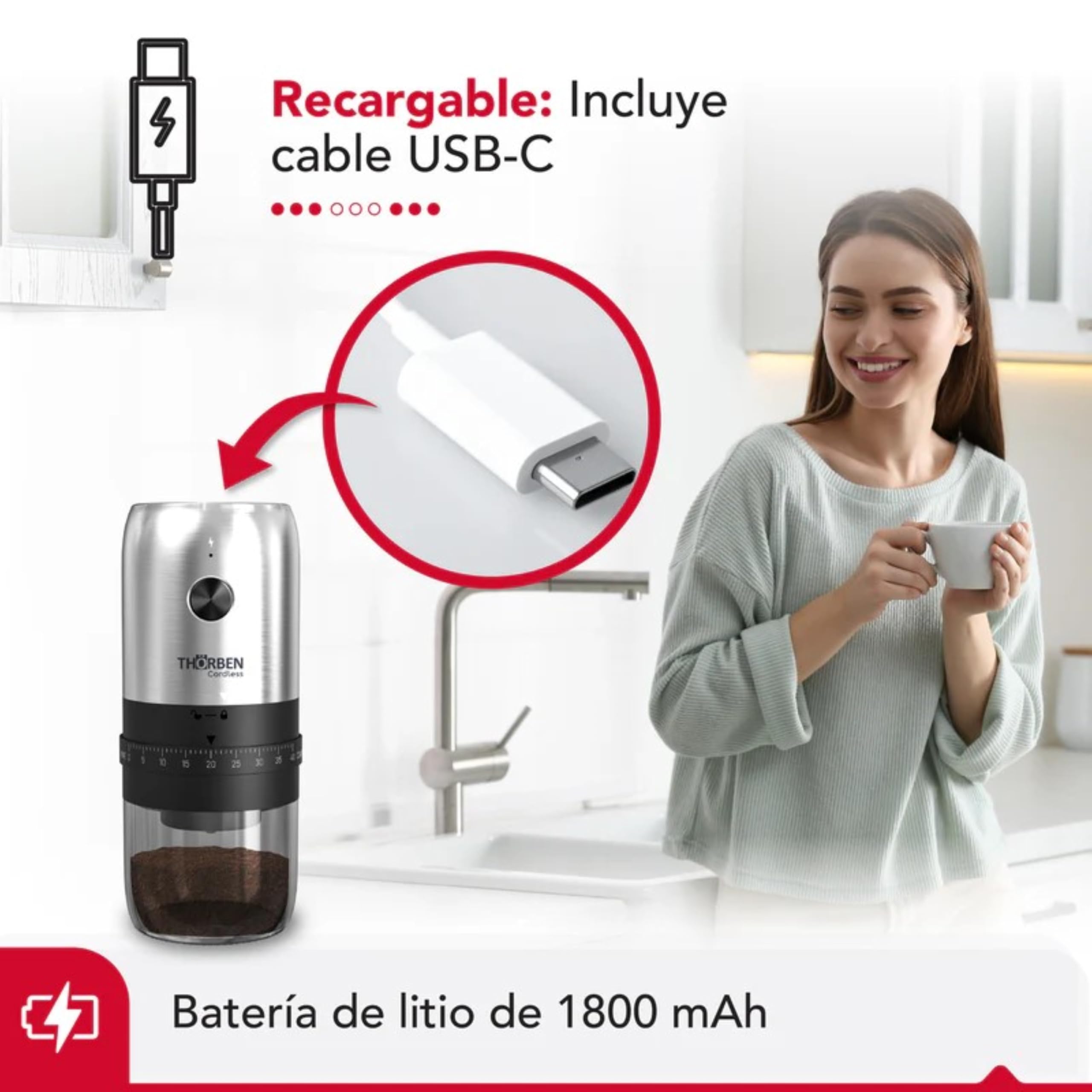 Thörben Moulin à café électrique professionnel, rechargeable USB-C, acier inoxydable, 40 niveaux de broyage, meules en céramique, 30 g de capacité, 10 W, portable, pour maison et bureau