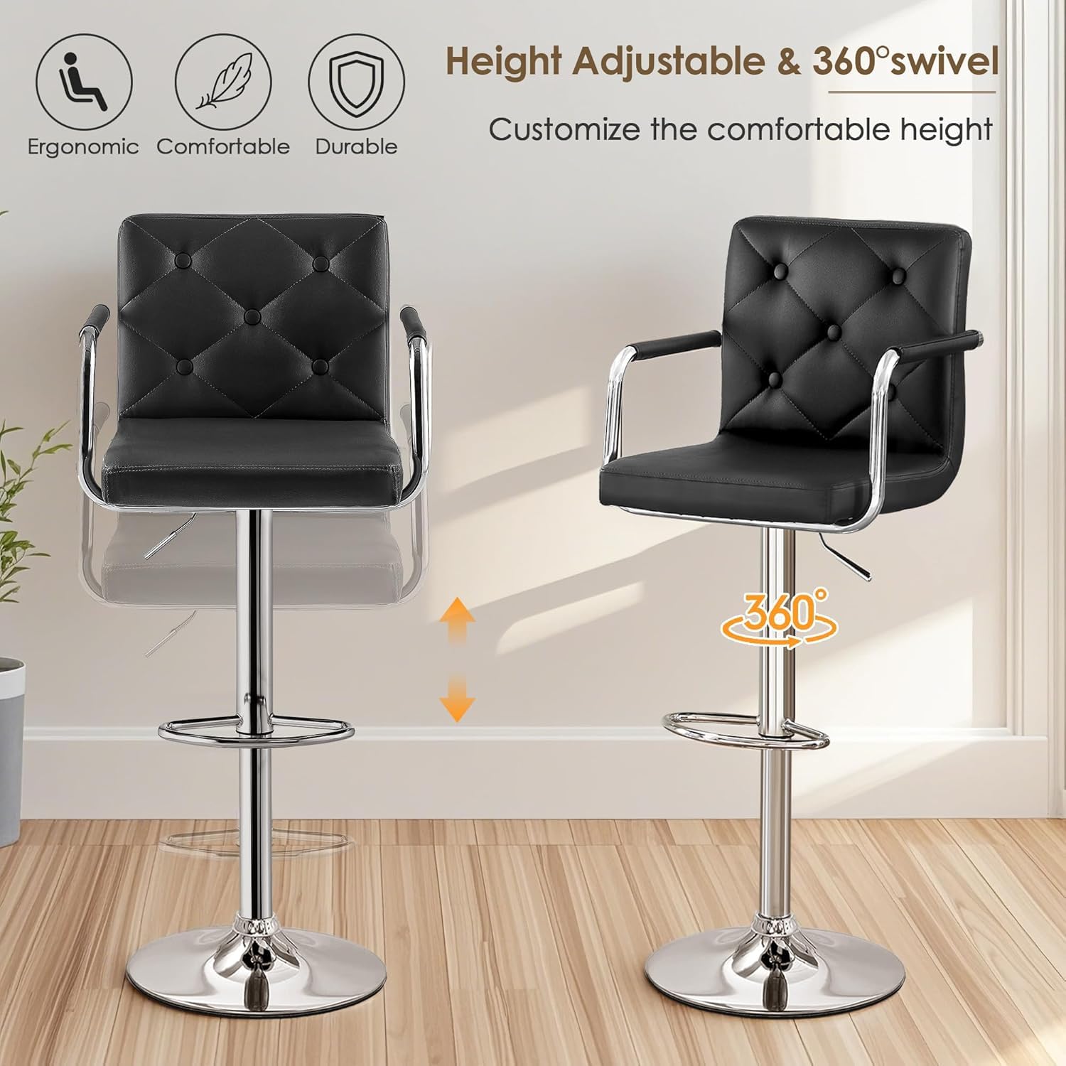 Taburetes de bar, taburetes de bar ajustables, juego de 2, taburete de bar de altura de mostrador con respaldo y brazos, sillas de bar giratorias de piel sintética para cocina/isla, color negro 6
