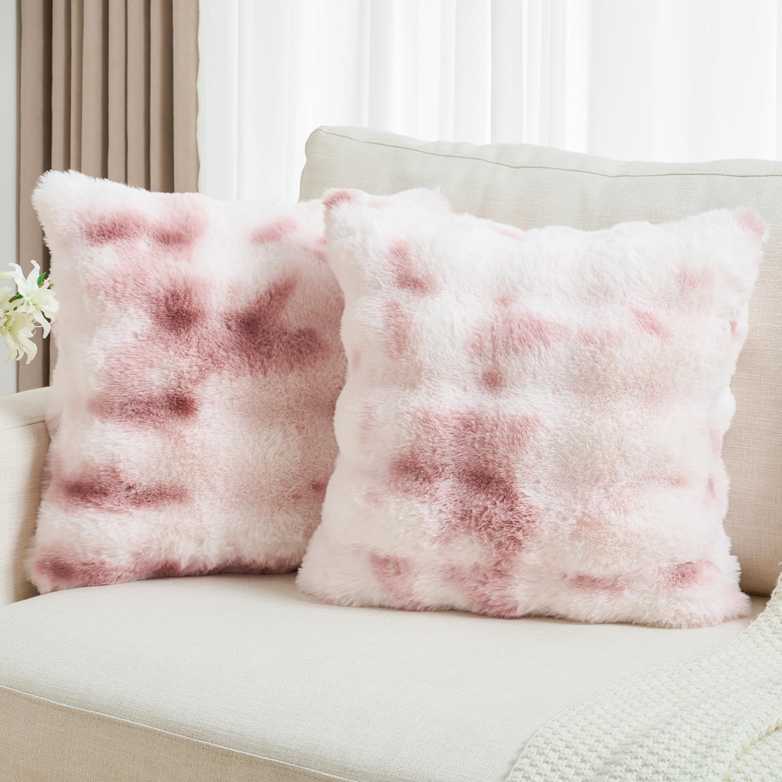 FUTEI Set of 2 Fluffy Faux Rabbit Fur Cushion Covers 50 x 50 cm,Pink White
