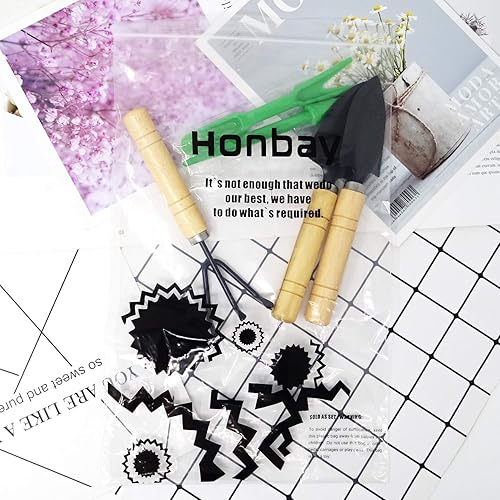 Miniatura 7 de Honbay Mini herramienta de jardín de 5 piezas, herramientas de plantación de mano, rastrillo de pala pequeña con mango de madera, herramienta de