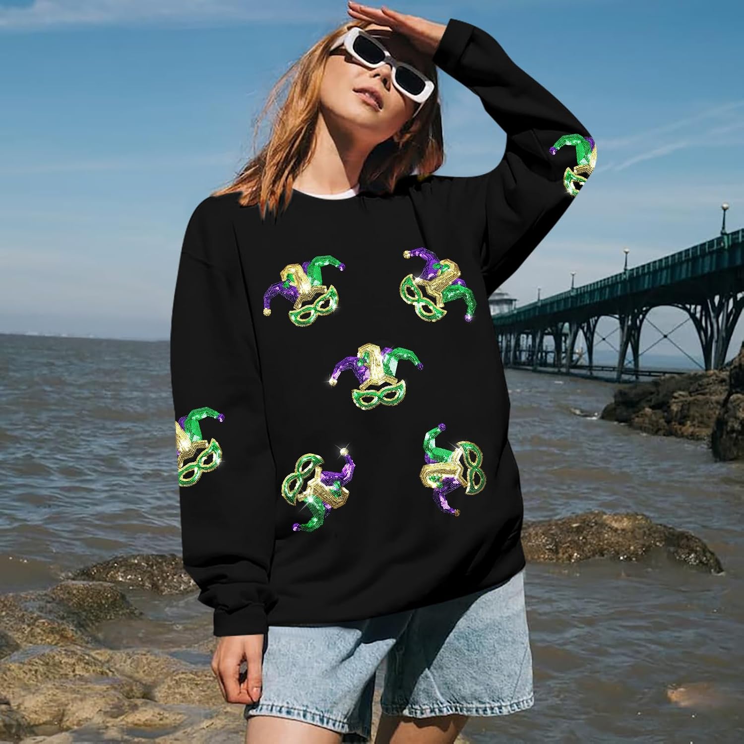 ASTANFY Womens Mardi Gras Sweatshirt Carnival Sequin Purple Sweater Masks Graphic Shirt Crewneck Long Sleeve Tops - Image 7
