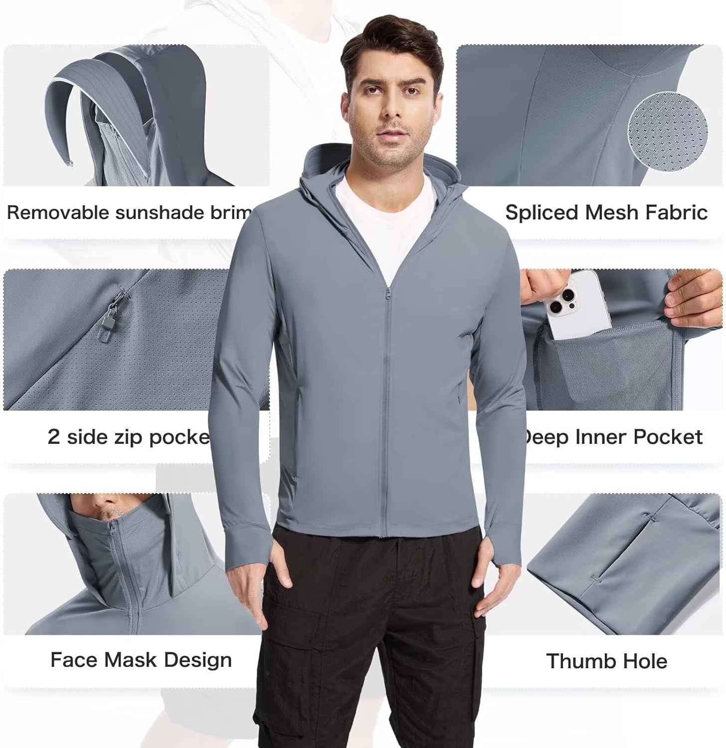 Men's UPF 50+ Sun Protection Shirts Cooling SPF Hoodie Jacket Pocket Long Sleeve UV Clothing for Fishing Hiking - Image 5