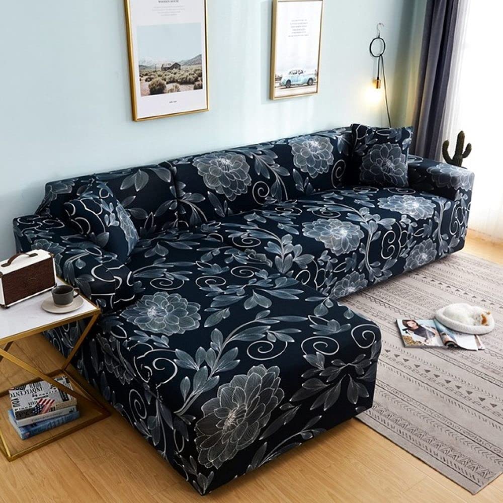 Housse de canapé d'angle extensible motif bandes pour salon familial