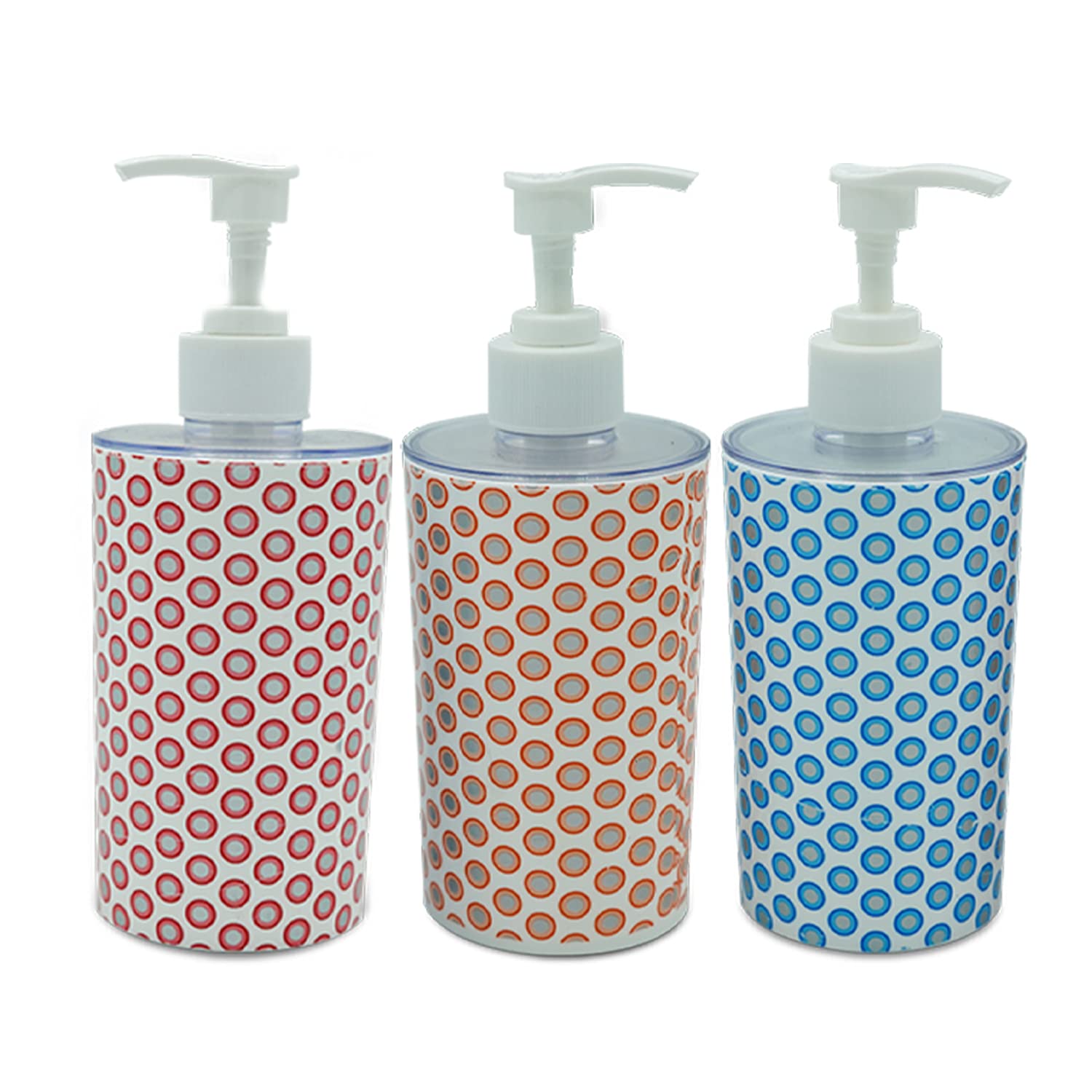 Shenron Soap Dispenser Bottle Set with Pump for Handwasher in Bathroom, Polka Dot Design Plastic Body with Push Pump Soap Dispenser (Multicolor) Pack of 3