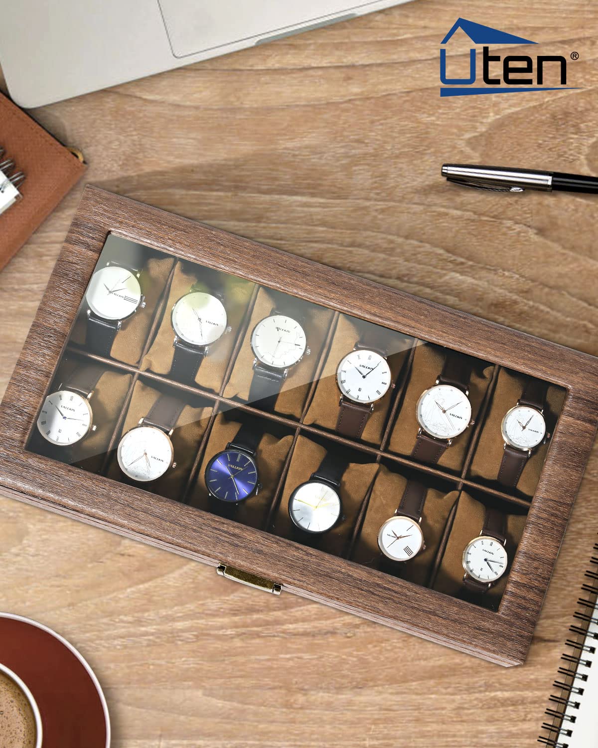 Uten Porta Orologi a 12 Scomparti, Scatola per Orologi con Cuscinetti Rimovibili, Venatura del Legno Pelle PU, Fibbia in Metallo, Interno Marrone, Scatola Portagioielli per Orologi Uomo e Donna