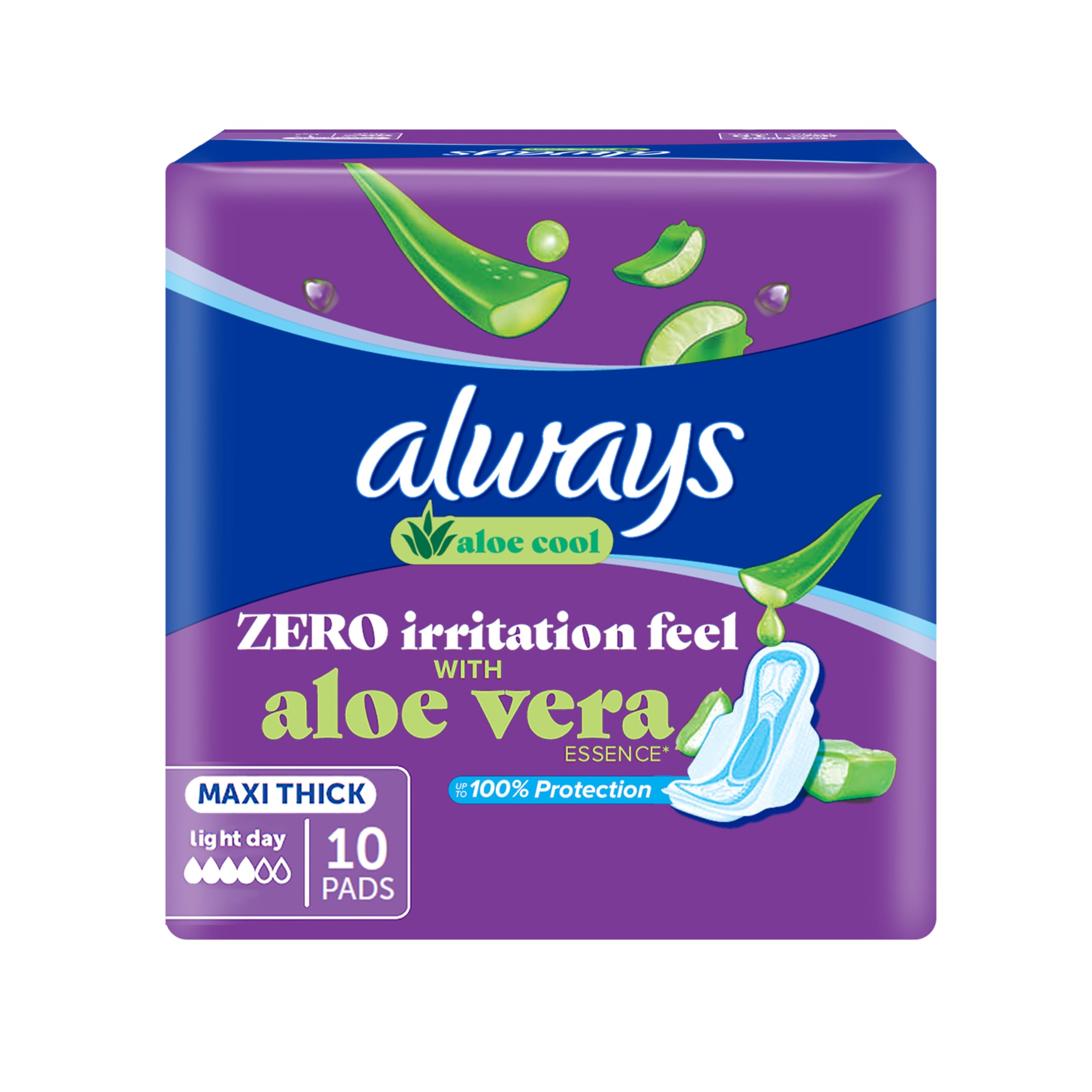 Aloe Cool Disposable Pads With Aloe Vera Essence For Light Days, For Zero Irritation Feel, Long Maxi Thick Pads With Wings, 10 Count