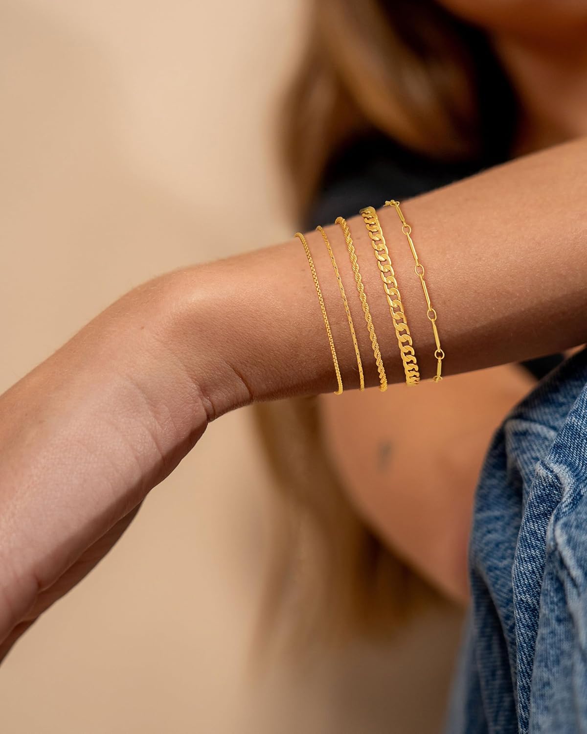 Gold Bracelet Stack For Women,Dainty 14k Gold Plated Stackable bracelets set cut Gold Bracelet for women Non Tarnish Adjustable Chunky Bracelet Cuban Link Chain Tarnish Free Gold Jewelry - Image 3