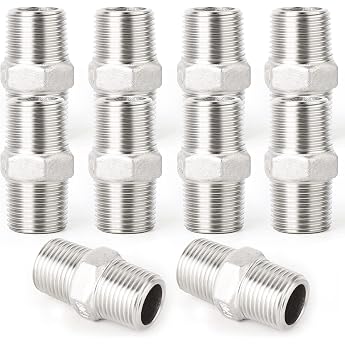 1/2 Inch Male Thread to 1/2 Inch Male Thread BSP Thread 304 Stainless Steel Hex Nipple Pipe Fittings Straight Connection Adapter Screw Connection Pack of 10