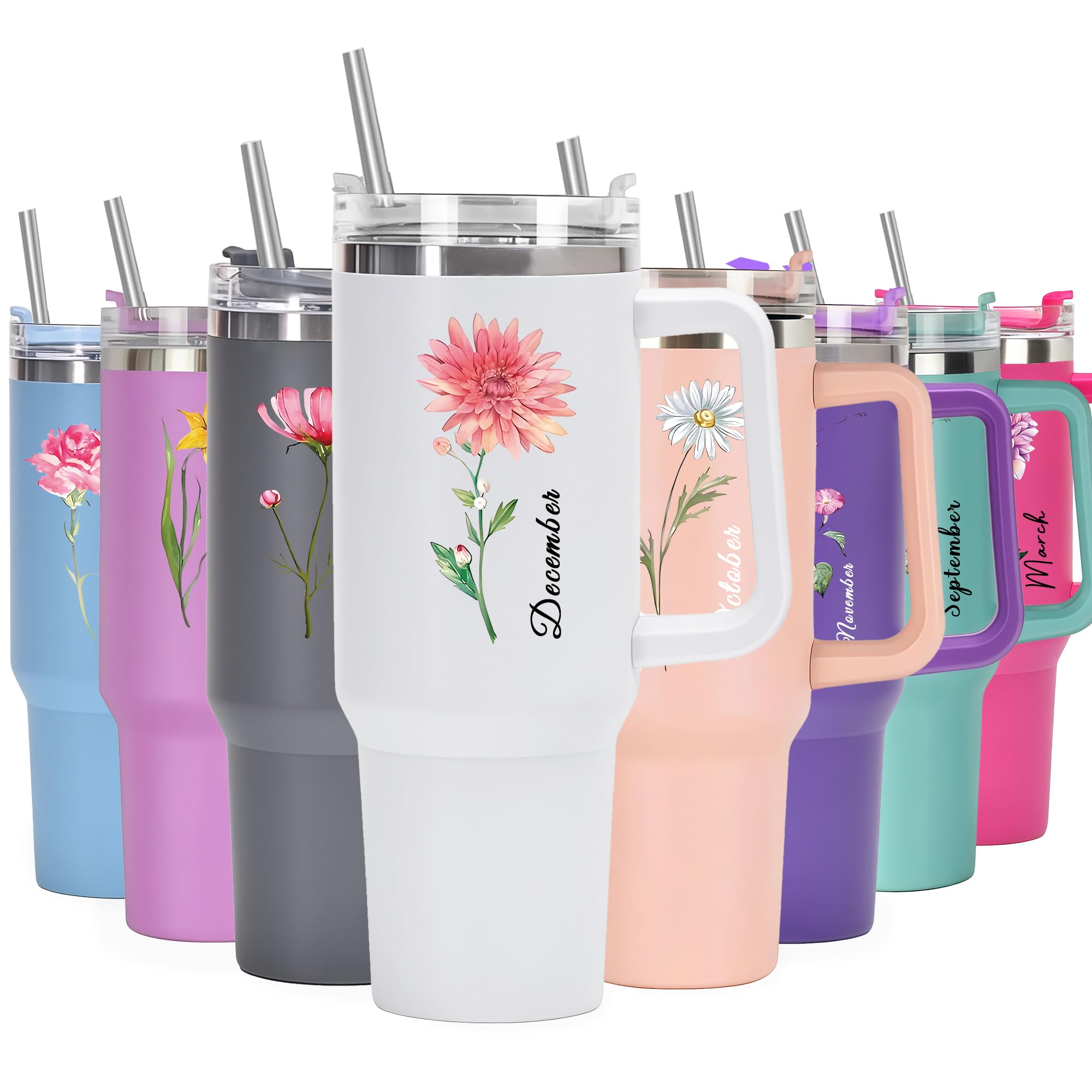 Mocessory 40 OZ Large Birth Month Flower Travel Tumbler with Handle